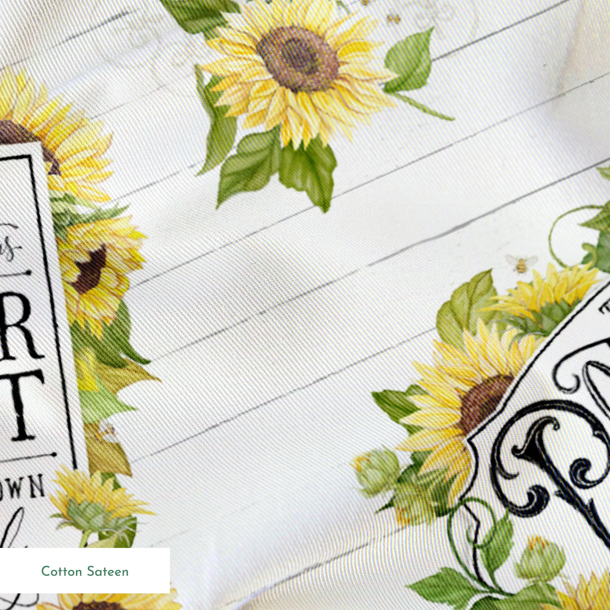 Watercolor sunflower clusters with vintage-style gardening labels on a white shiplap background, designed by Nicole Tamarin. springs sateen texture