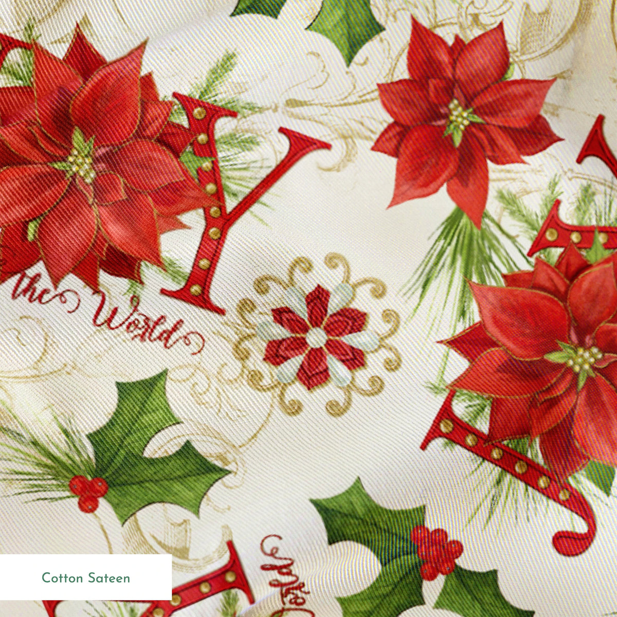 Red poinsettias, holly leaves, pine sprigs, and peppermint candy motifs with scattered “Joy” text in a festive holiday toss design by Nicole Tamarin. springs sateen texture