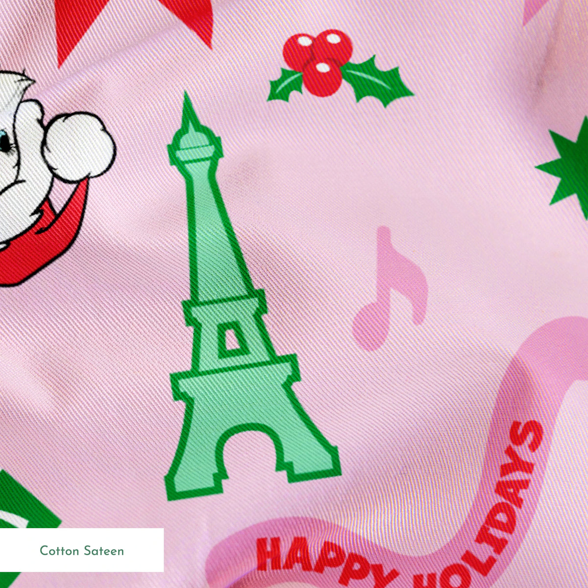 Holiday pattern with Marie from The Aristocats in Santa hats, Eiffel Towers, "Noel" text, and festive stars on pink background springs sateen texture