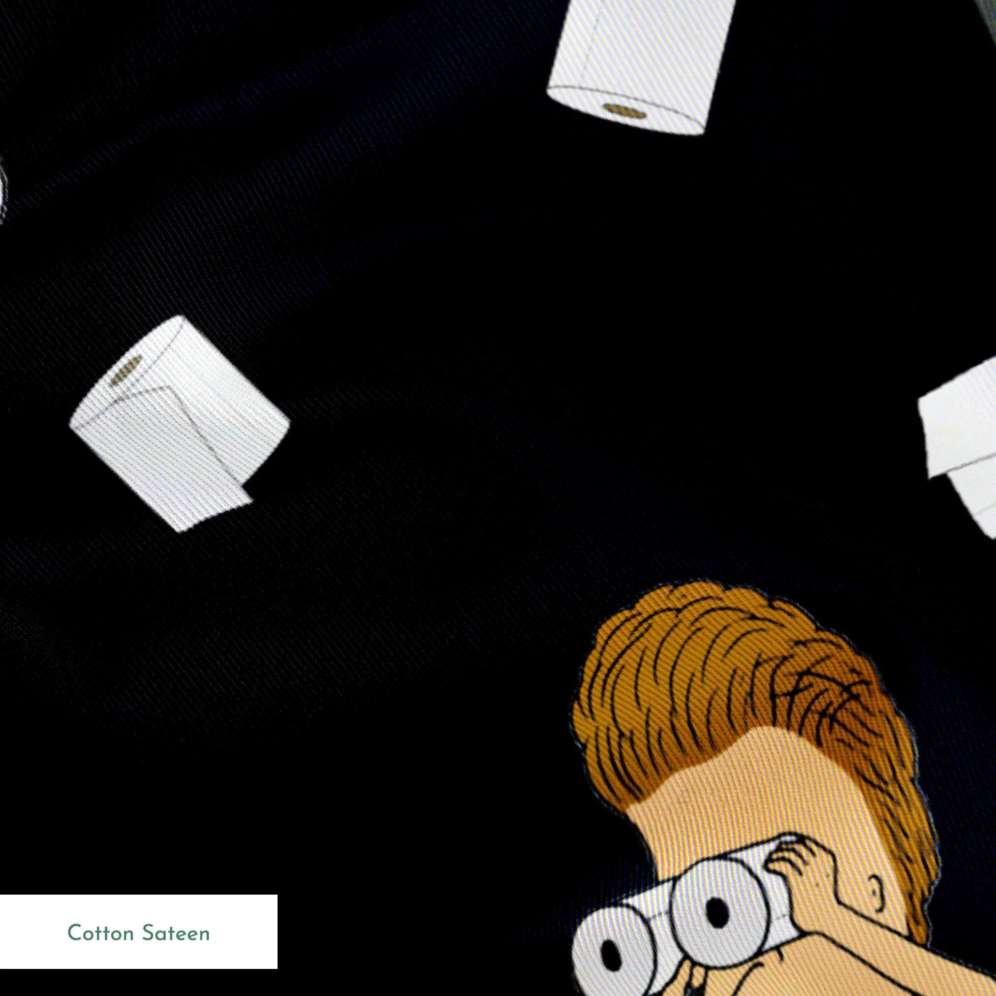 Cartoon characters with exaggerated features on black background with white squares scattered throughout the pattern springs sateen texture