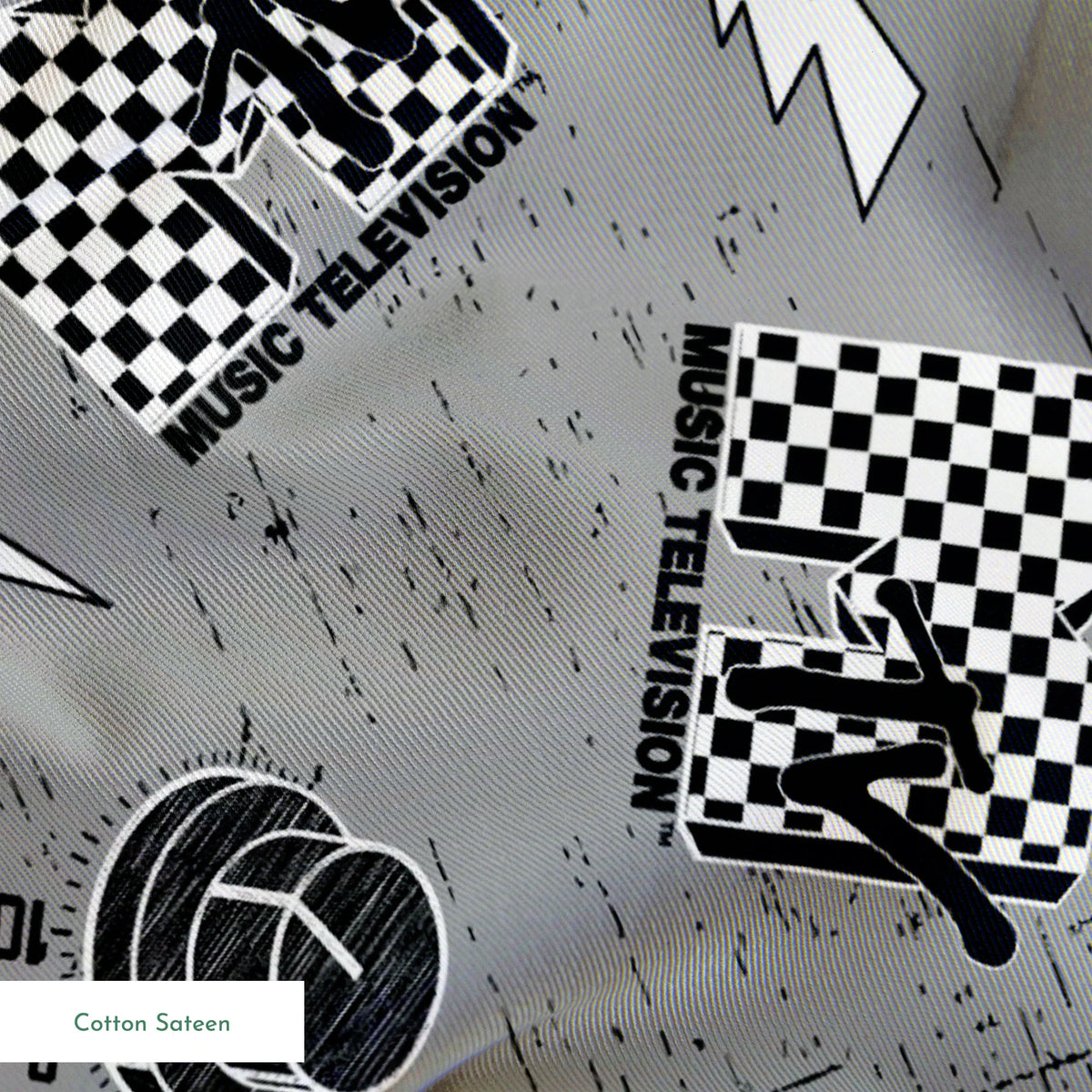 Motorsport pattern with checkered racing flags, lightning bolts, and helmets on gray background springs sateen texture