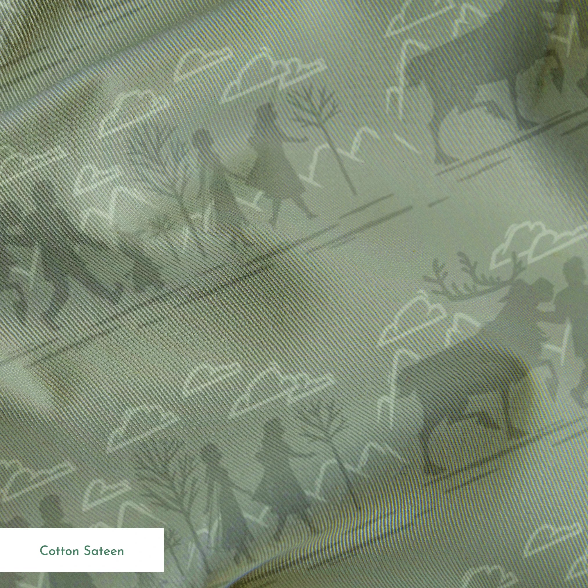 Muted green patterned design with repeating silhouettes of Frozen characters in horizontal bands springs sateen texture