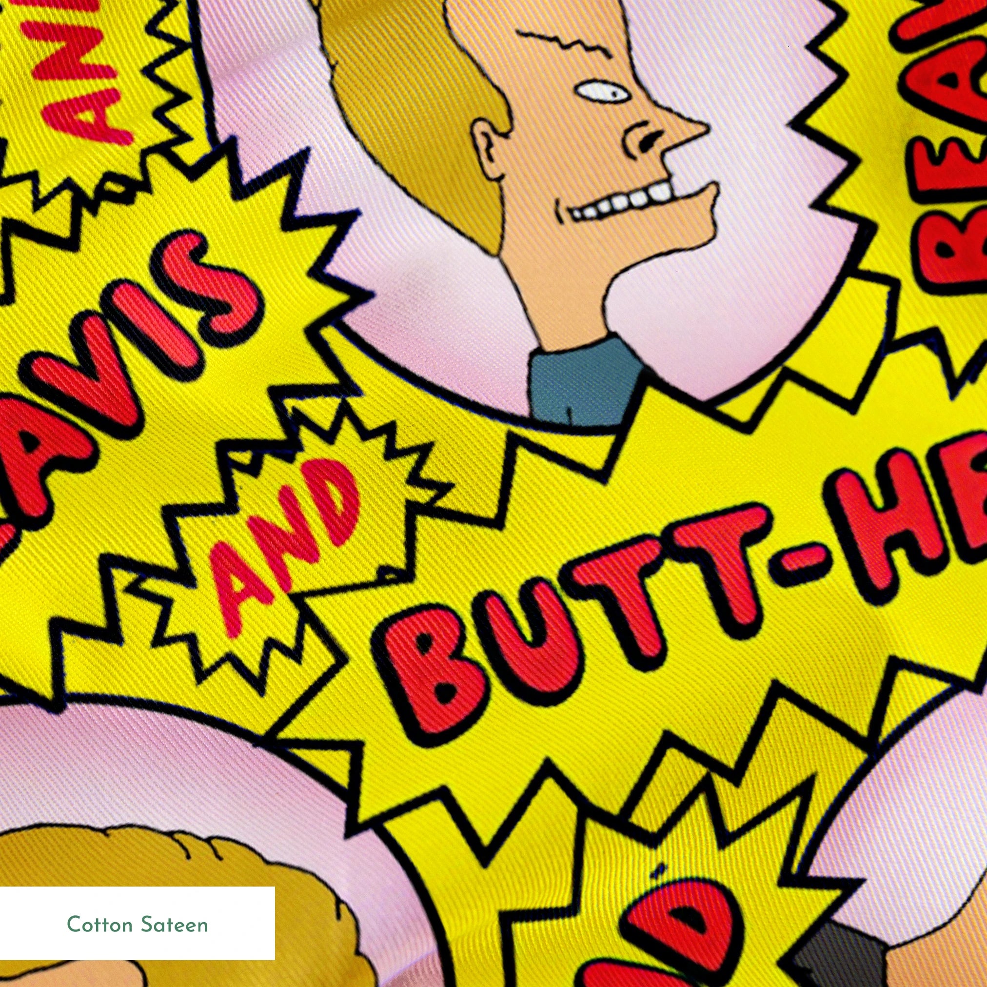 Yellow pattern with cartoon characters and text "BEAVIS" and "BUTT-HEAD" in comic-style speech bubbles repeated throughout springs sateen texture