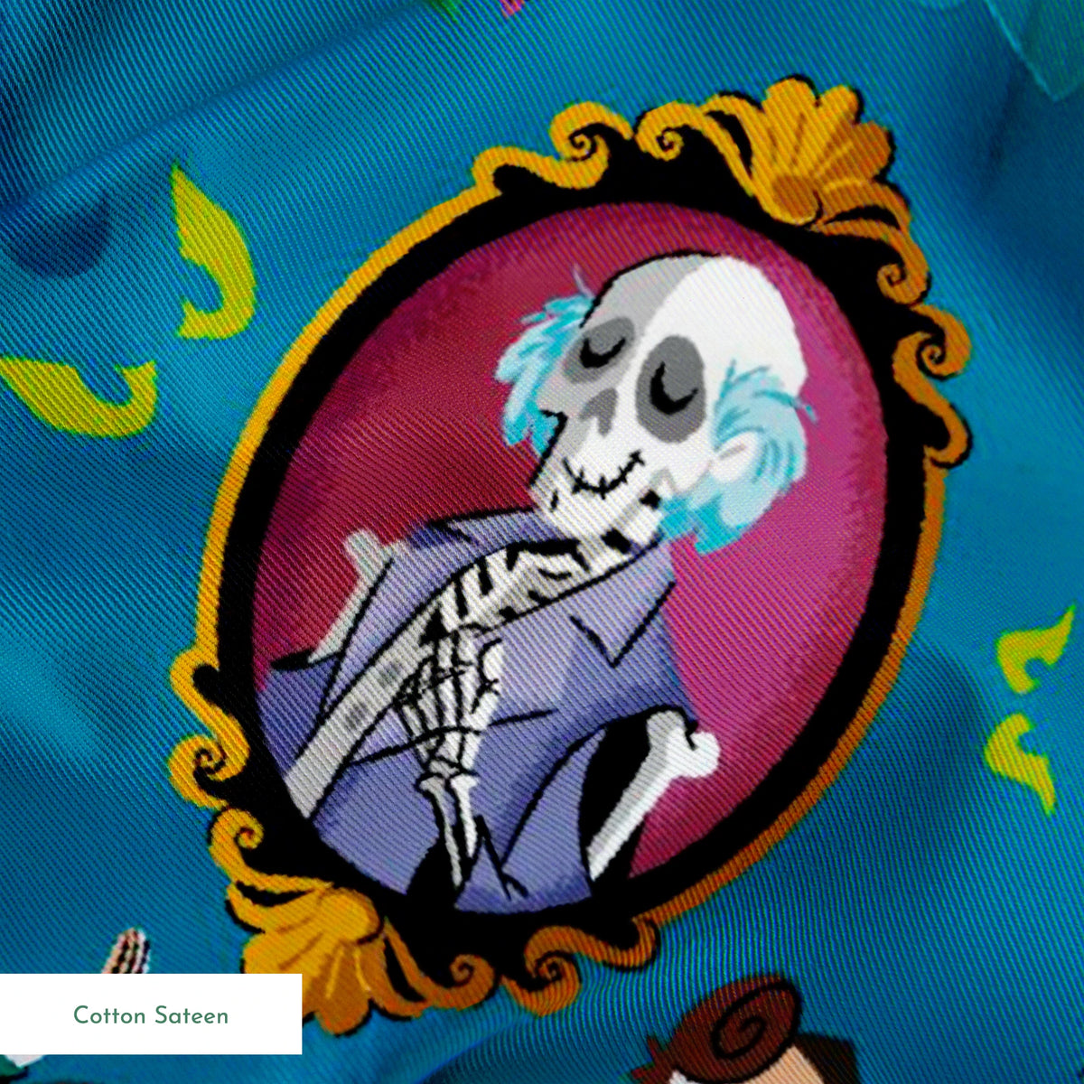 Haunted Mansion themed pattern with cartoon ghosts, portraits, coffins, and spooky elements on teal background springs sateen texture