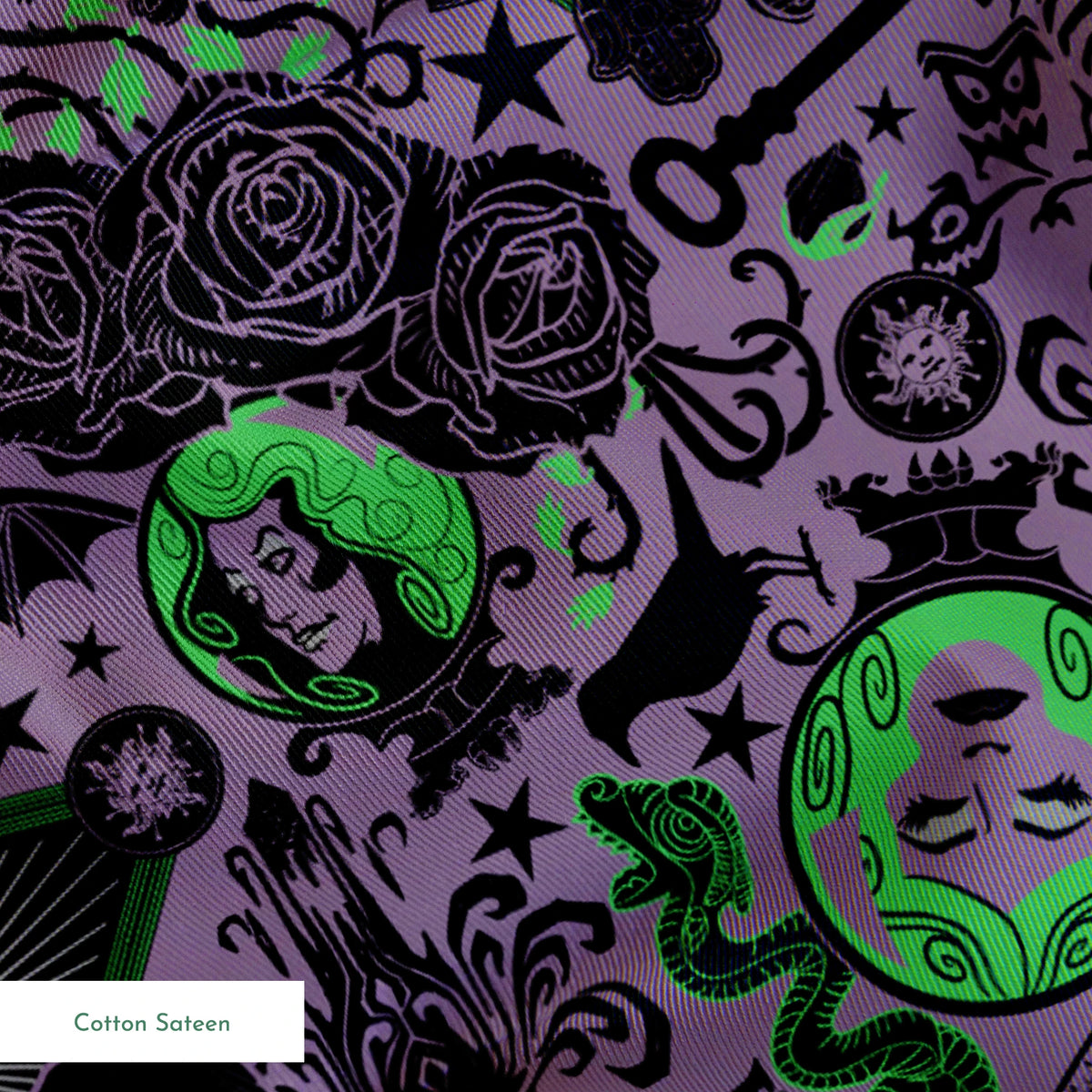 A dark purple background with gothic imagery in black and neon green featuring mystical elements including roses, celestial symbols, eyes, hands, and ornate decorative patterns. springs sateen texture