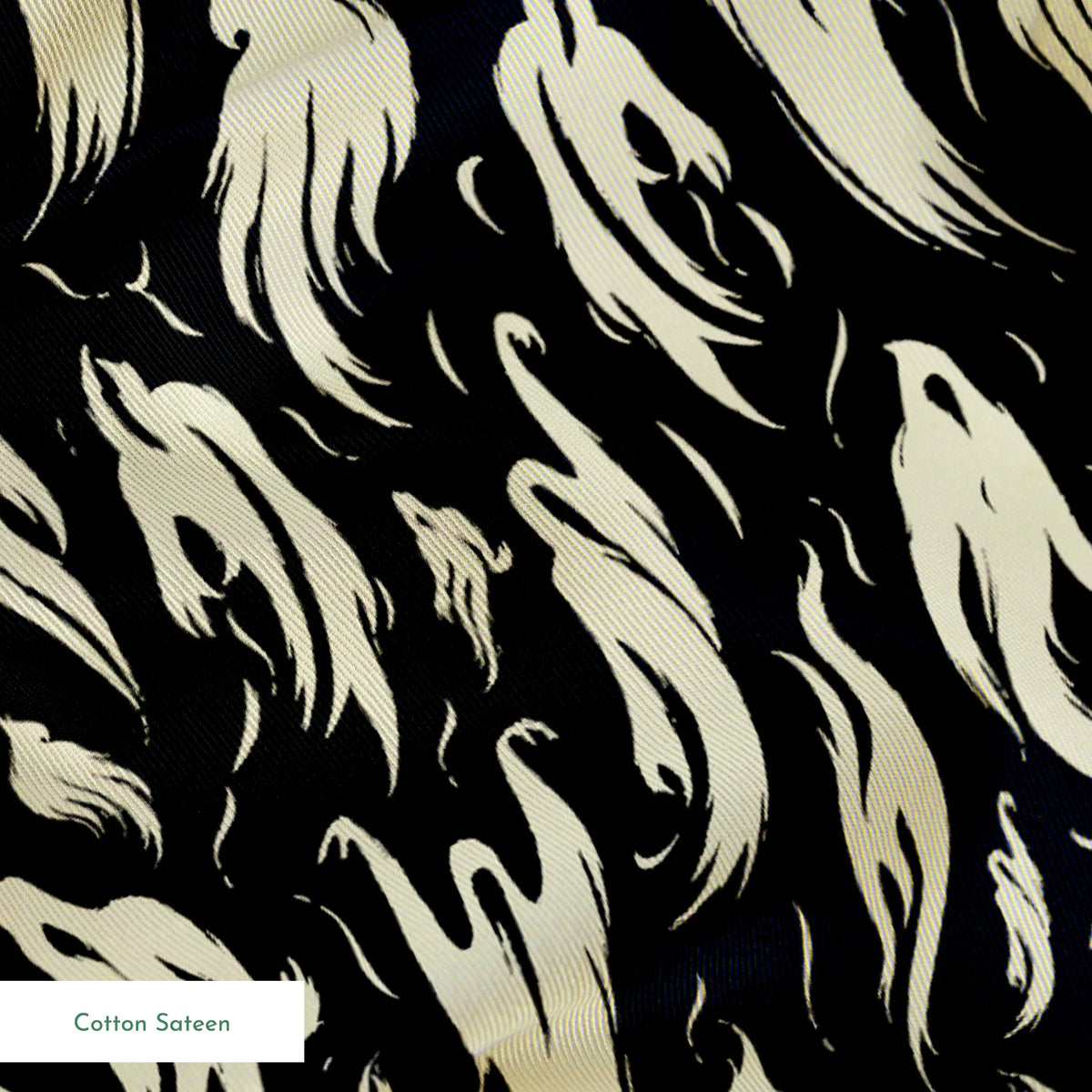 Abstract ghost-like shapes in pale cream swirling against a black background in a repeating pattern springs sateen texture