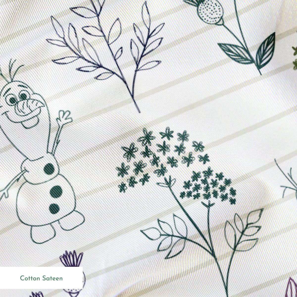 Pattern of sketched botanical elements, flowers, and Olaf on a lined background in soft greens and purples springs sateen texture