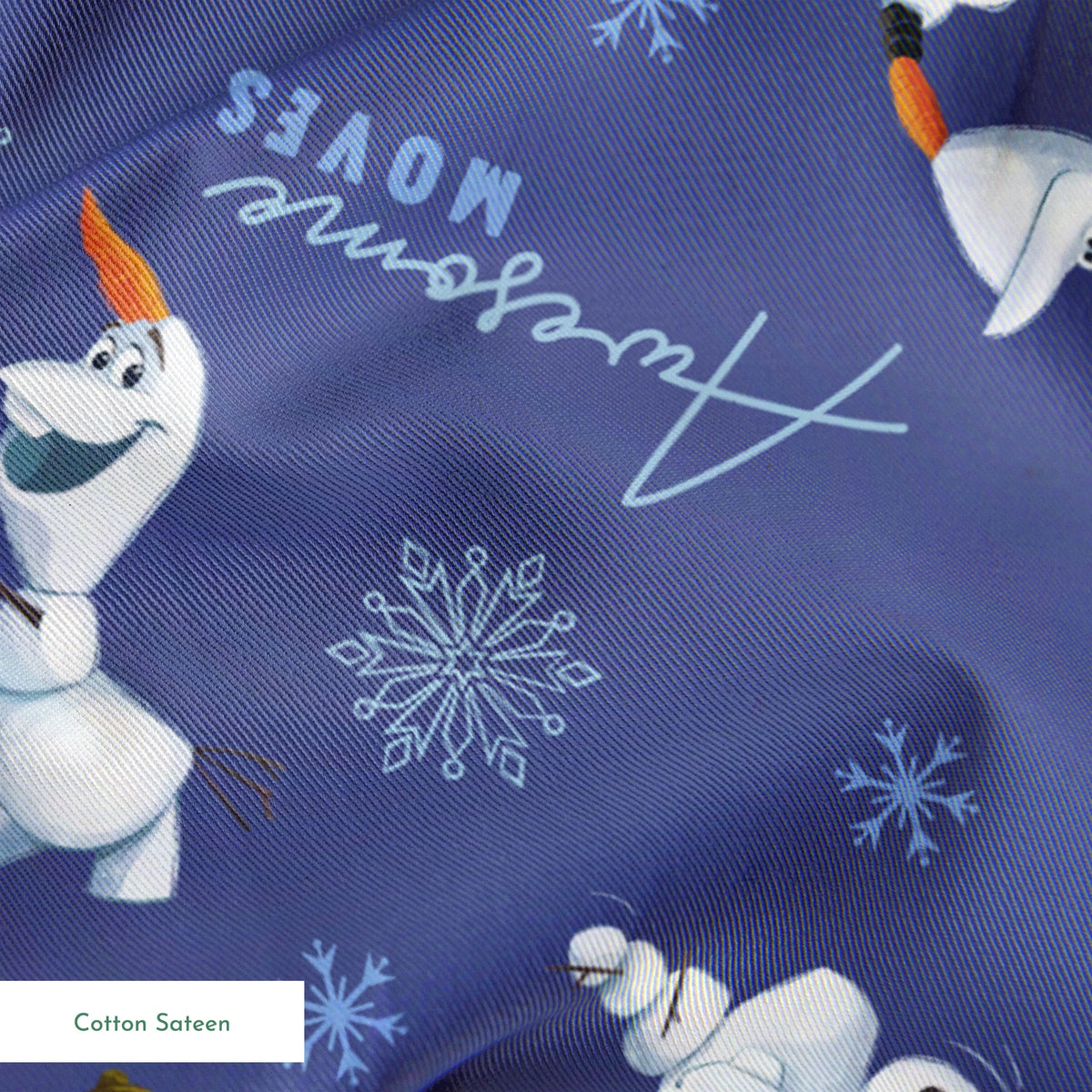 Playful Olaf the snowman pattern with snowflakes on purple background showing various poses springs sateen texture