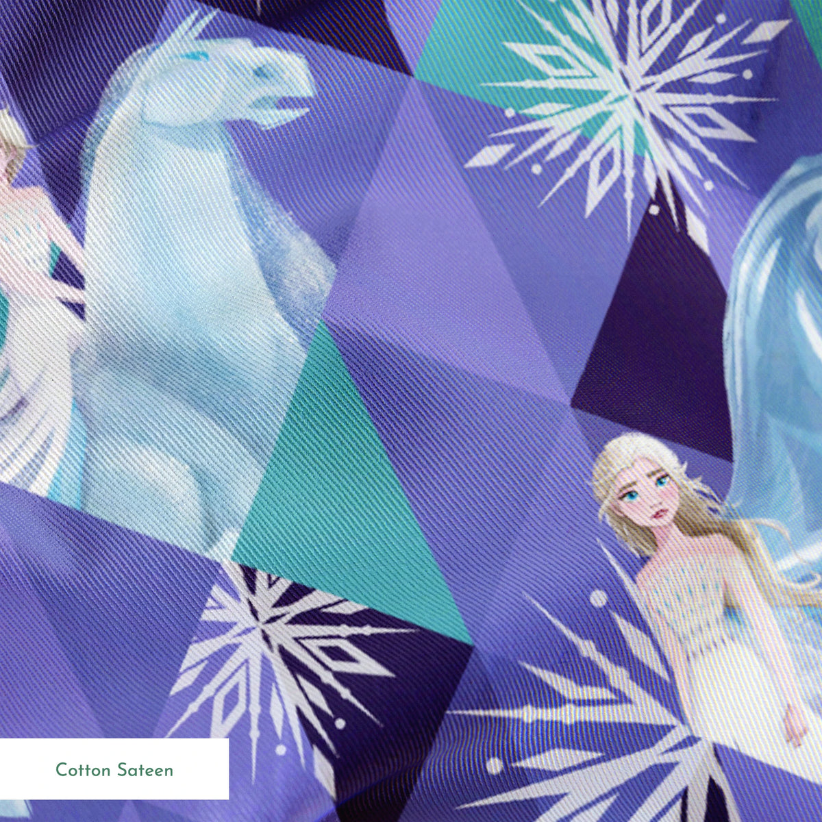 Disney's Frozen pattern with Elsa on horses against purple geometric background with snowflakes springs sateen texture