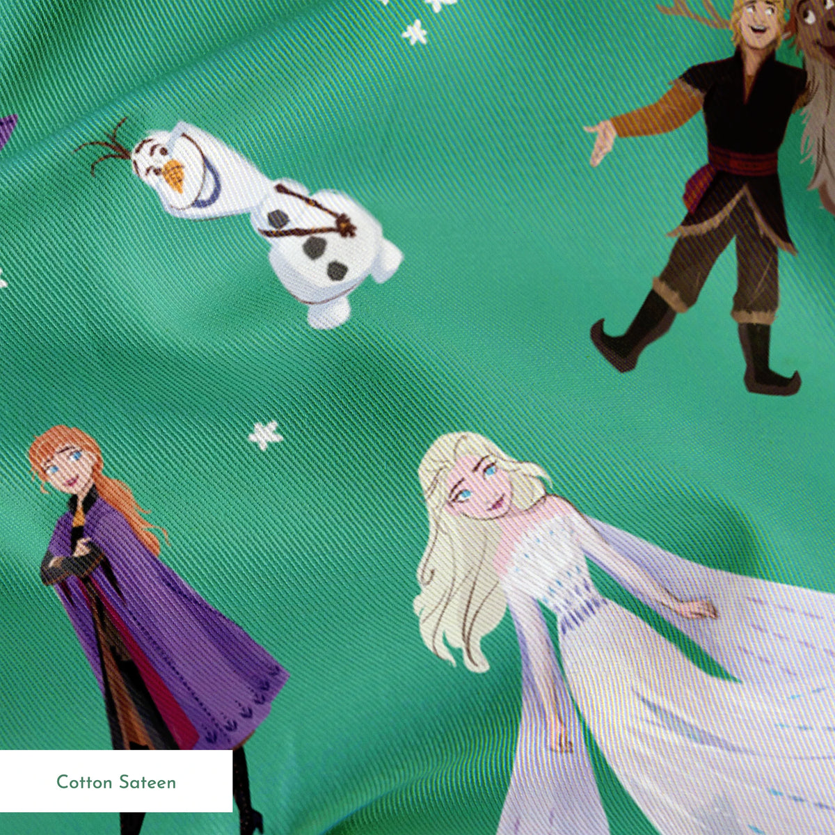 Pattern of animated characters from Frozen including Olaf the snowman, characters in formal attire, and colorful flowers on a green background. springs sateen texture