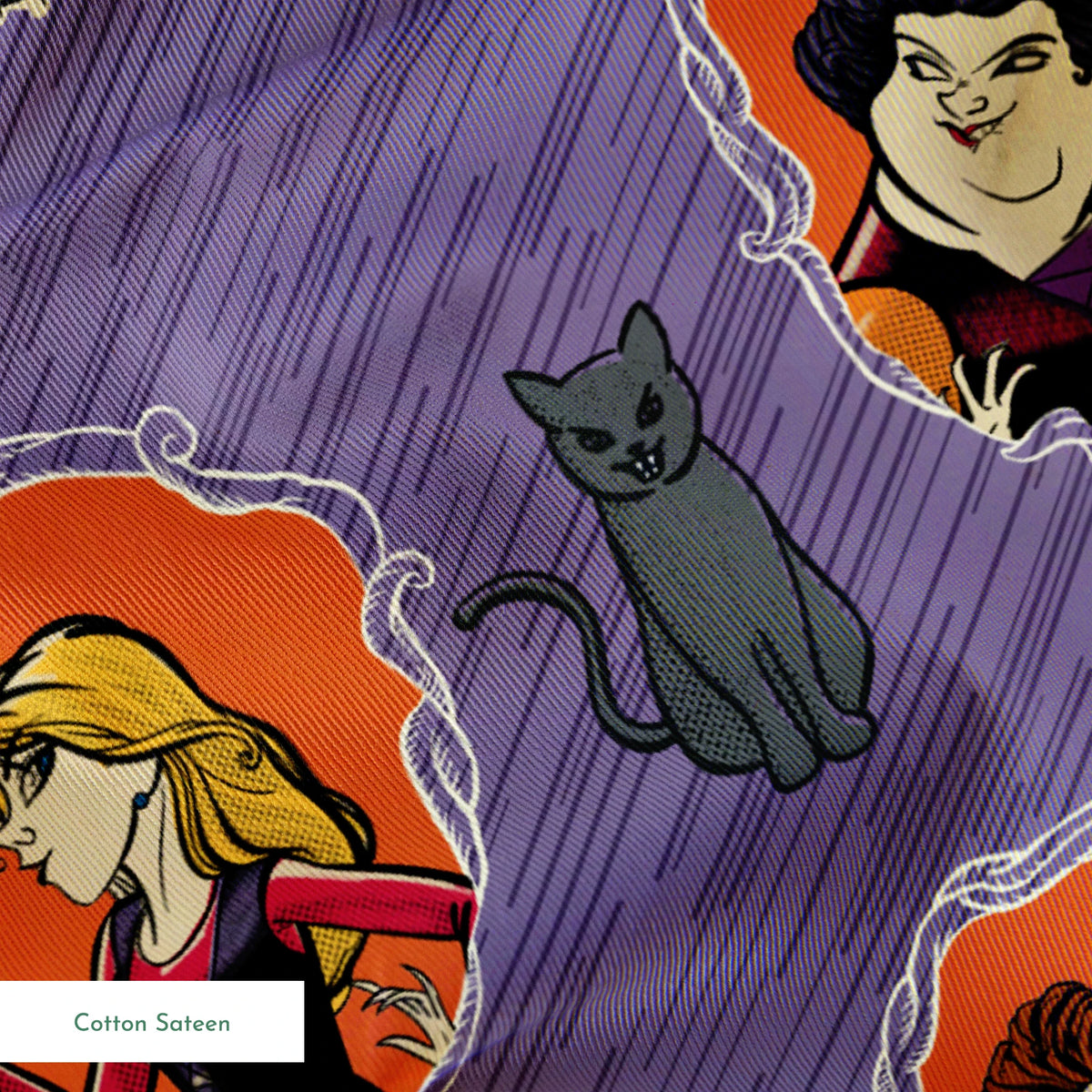 Purple background pattern with illustrated cartoon characters, black cats, and eye symbols in orange circular frames springs sateen texture
