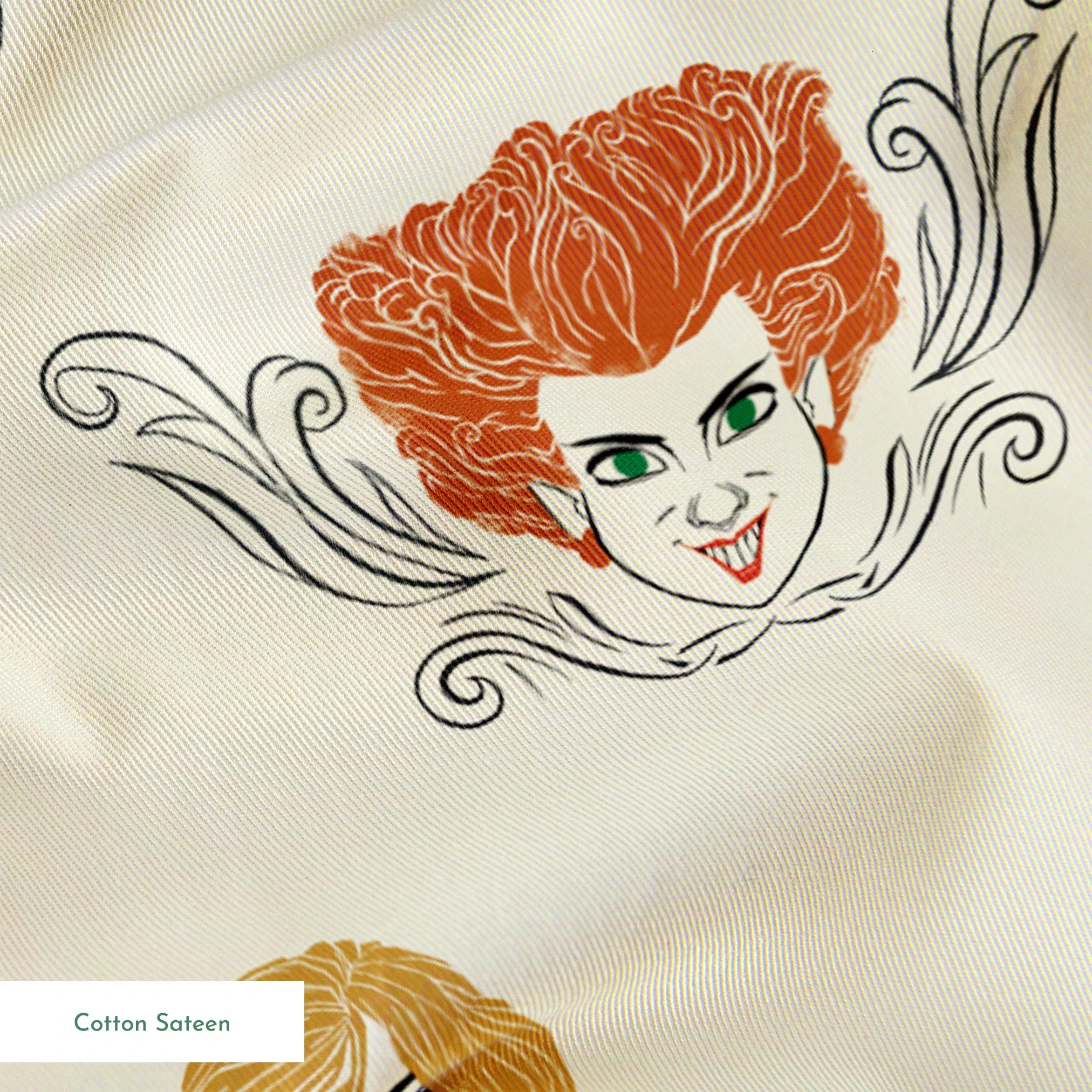 Pattern of illustrated magical characters with orange, blonde and purple hair on cream background with "Hocus Pocus" text springs sateen texture