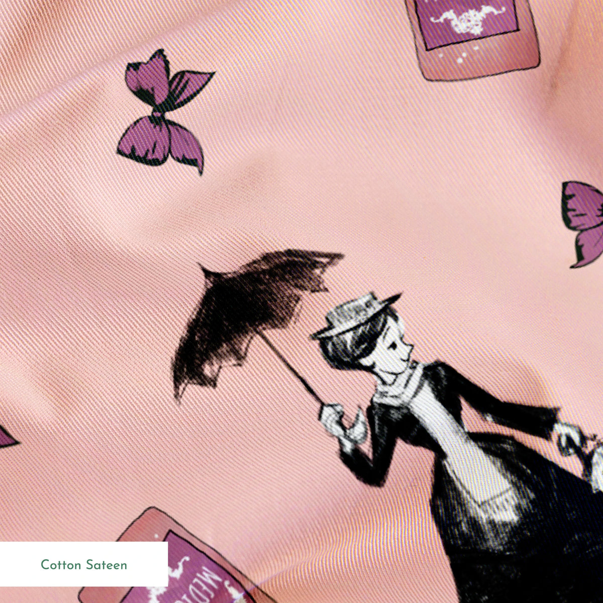 Whimsical illustration on pink background featuring Mary Poppins, purple bottles, and floating bows springs sateen texture