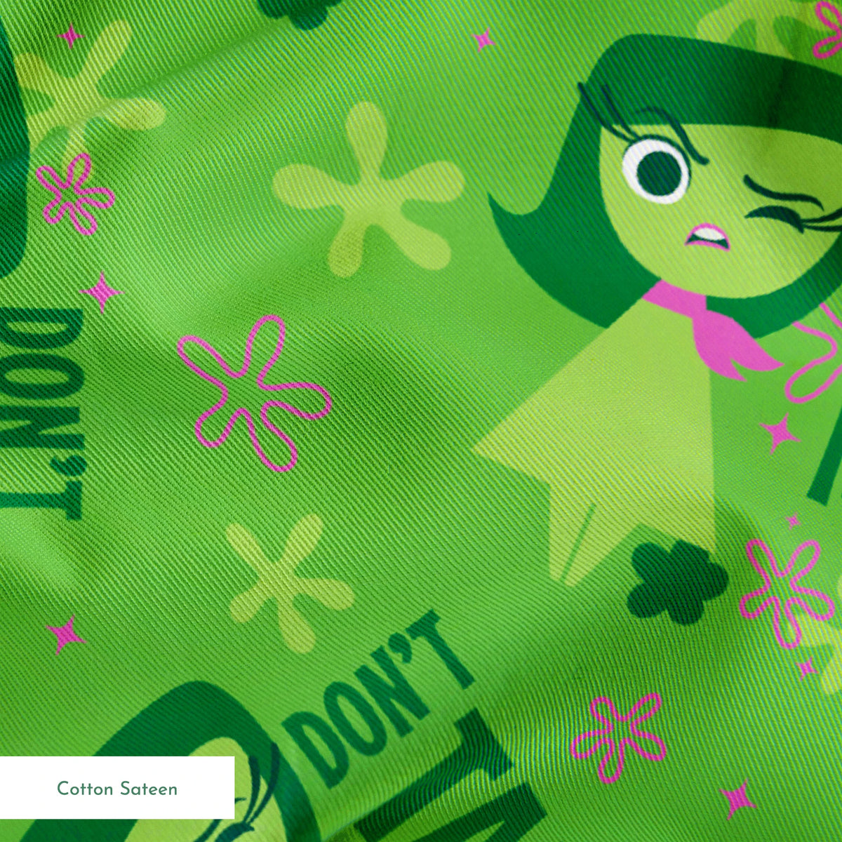 Green background with Disgust from Inside Out and "Don't Talk To Me" text, featuring stars and floral elements springs sateen texture