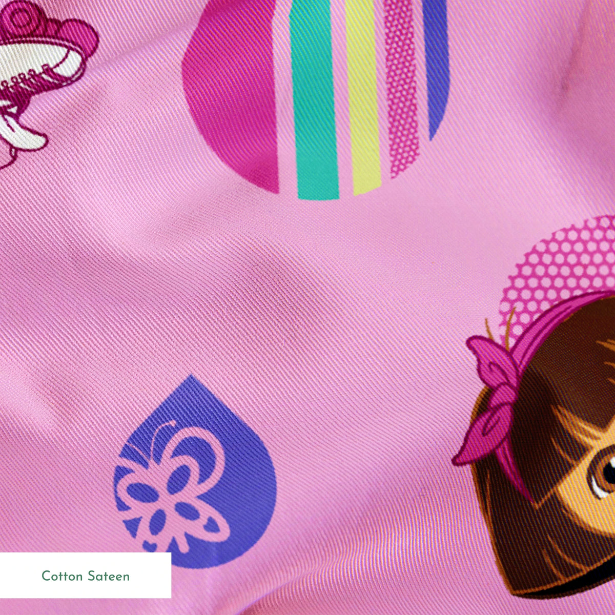 Dora the Explorer pattern with purple background, colorful polka dots and striped shapes springs sateen texture