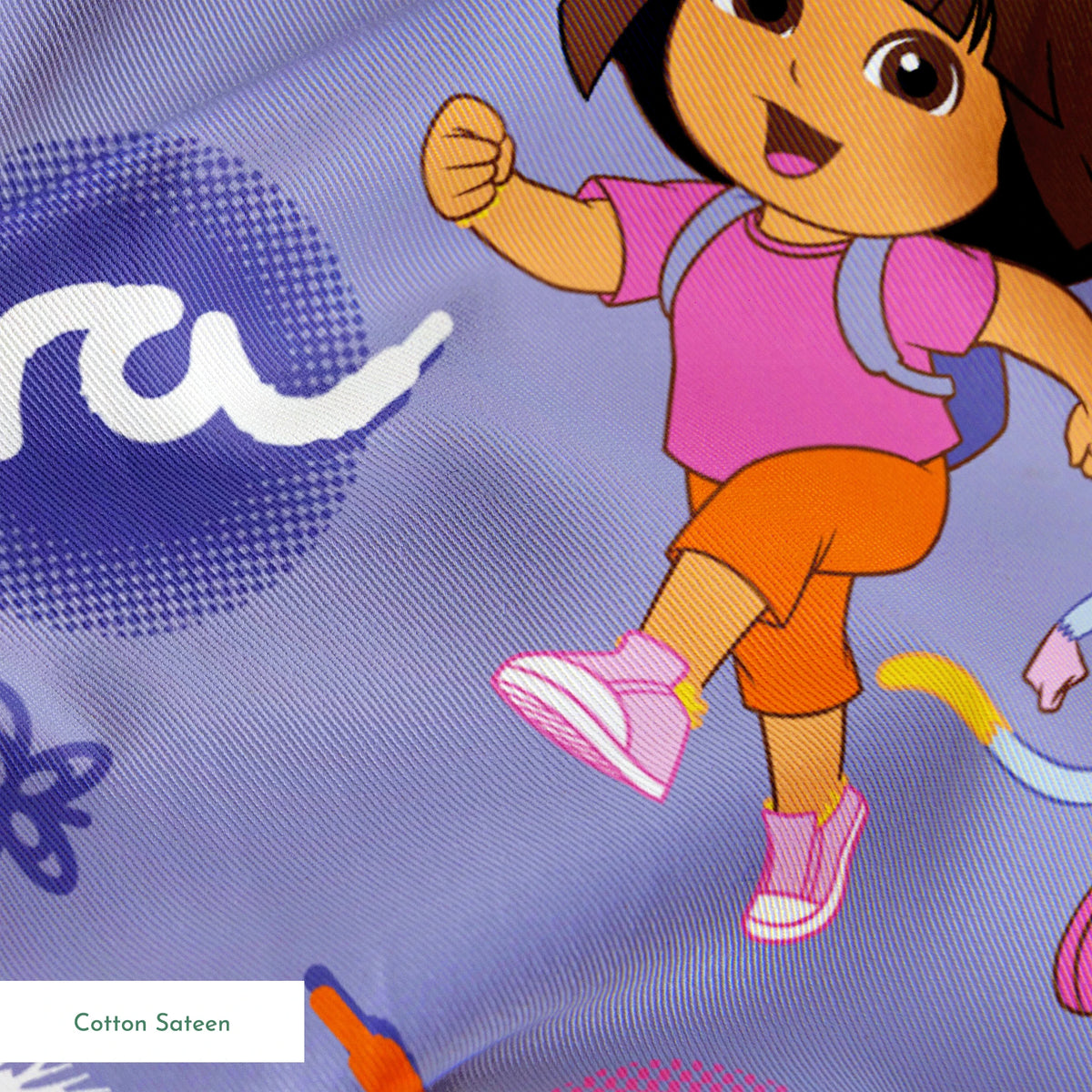 Cartoon pattern featuring Dora the Explorer, Boots the monkey, and other characters on purple background with bows and clouds. springs sateen texture