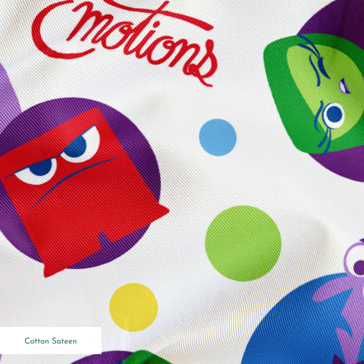 Colorful Inside Out characters in circles - Joy, Sadness, Fear, Disgust, and Anger on polka dot background springs sateen texture
