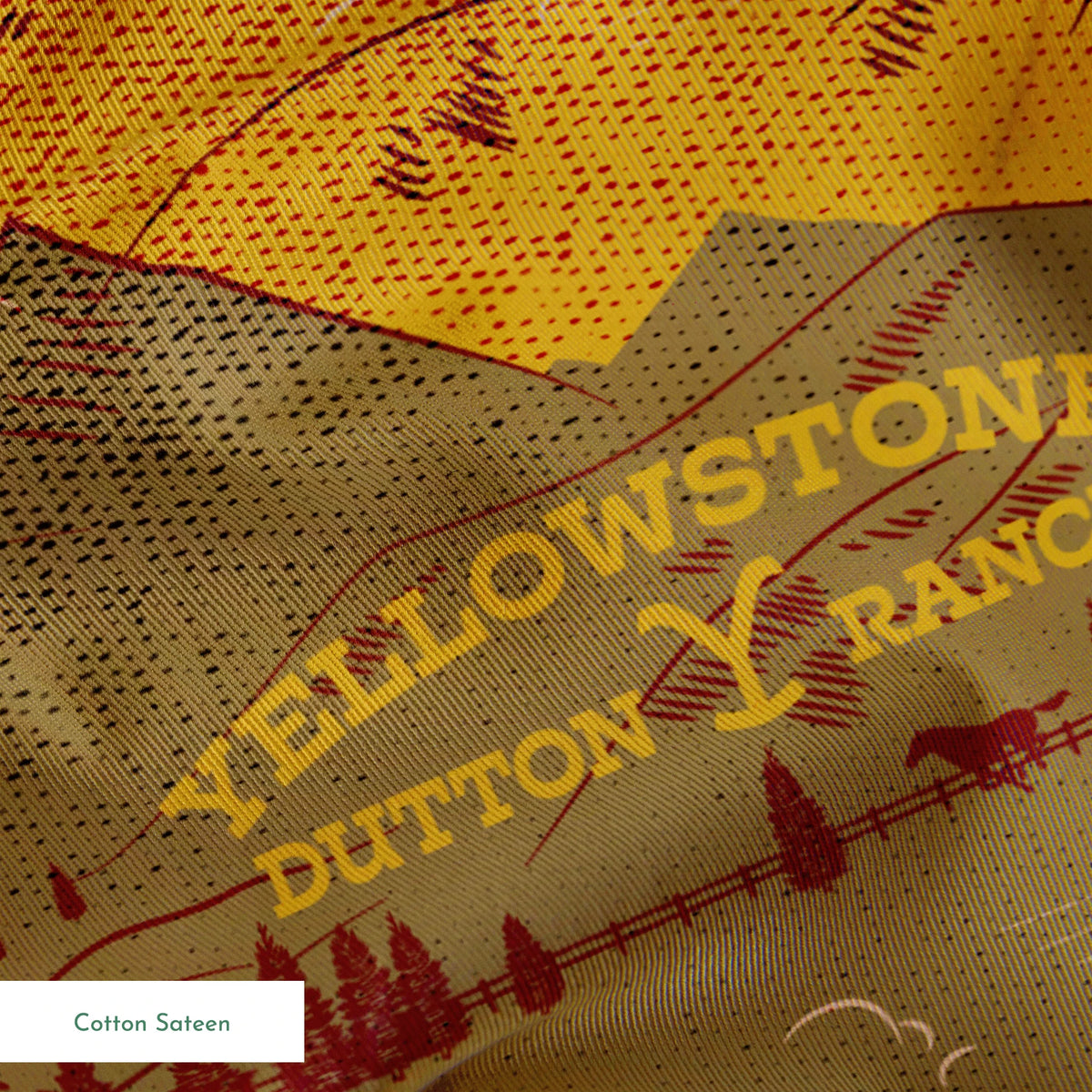 Layered mountain landscape in red, gold, and brown with "Yellowstone Cotton Ranch" text and silhouetted trees and wildlife. springs sateen texture