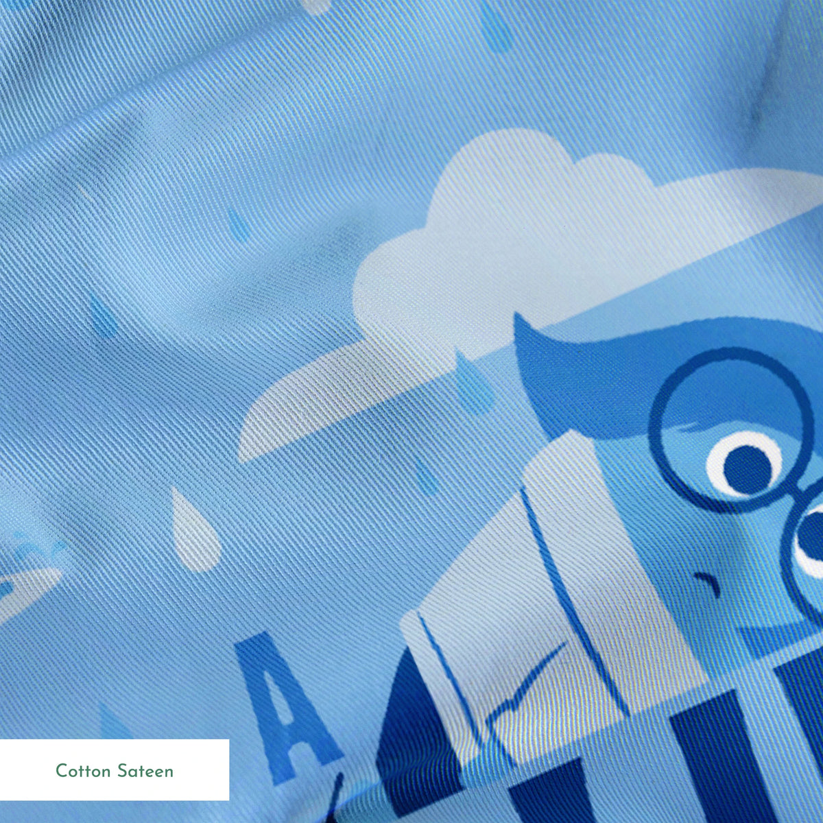 Sadness from Disney and Pixar's Inside Out pattern with "BLUE SORT OF DAY" text on light blue background with clouds springs sateen texture
