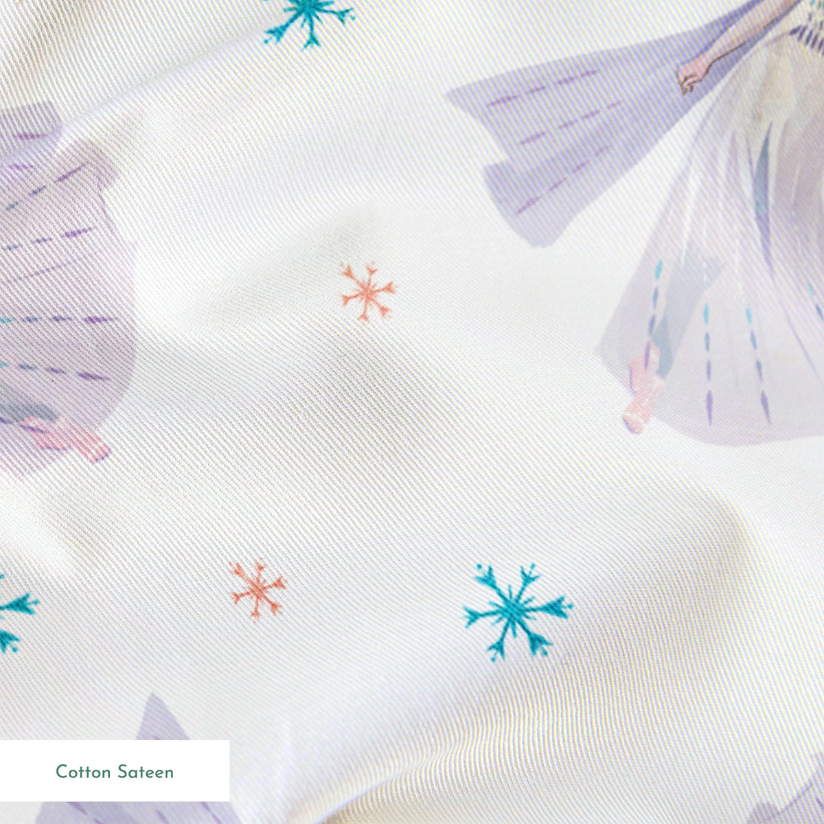 Whimsical pattern of Elsa with colorful snowflakes on white background springs sateen texture