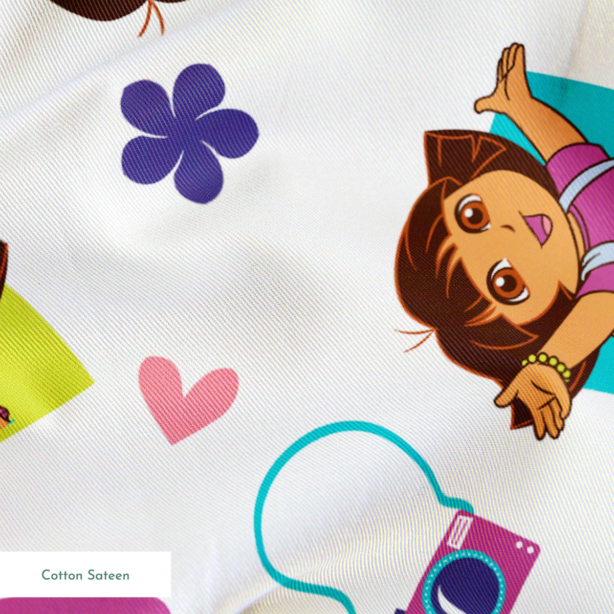 Cartoon pattern featuring Dora the Explorer characters, purple logos, pink hearts, and flowers on white background. springs sateen texture
