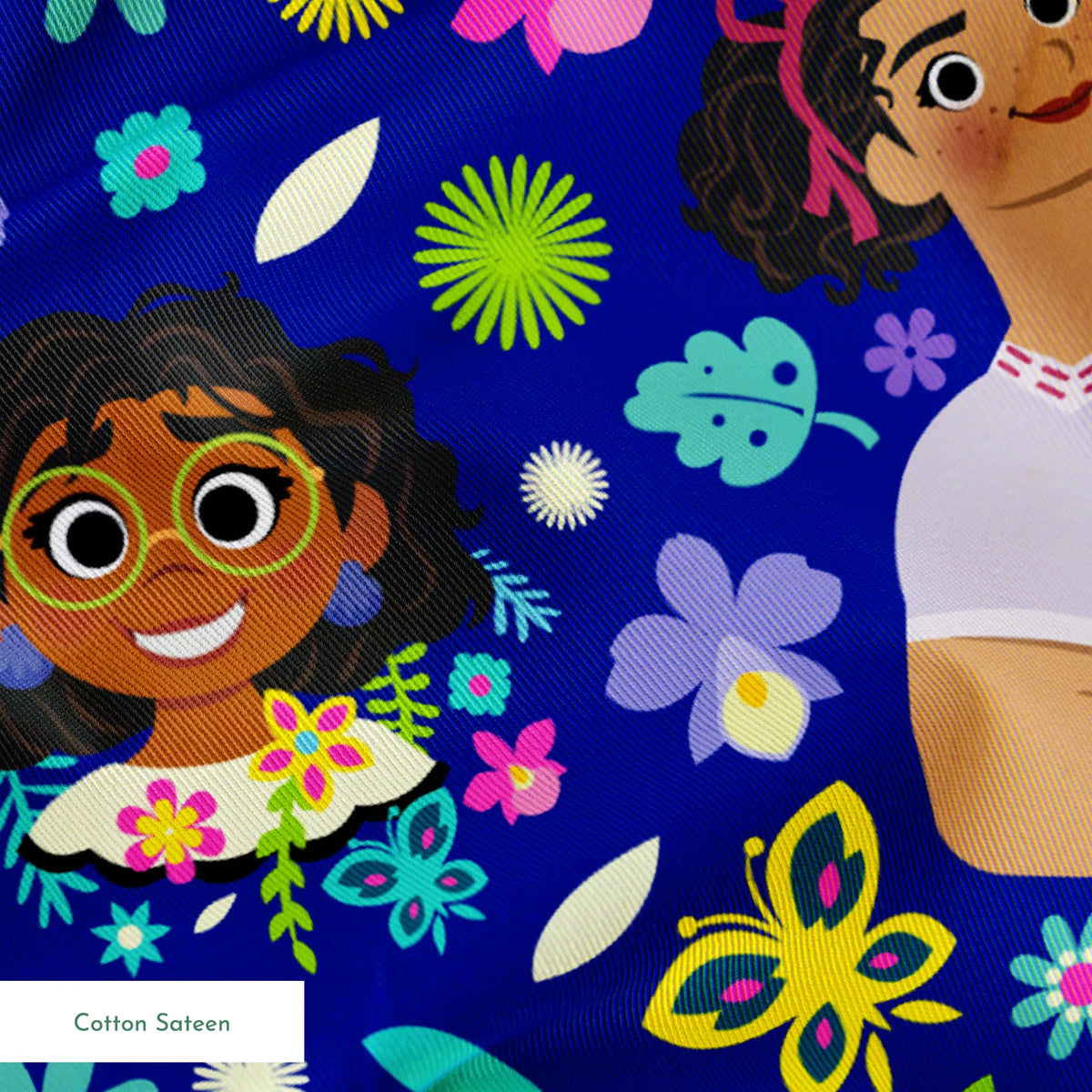 Colorful cartoon characters surrounded by bright flowers on vibrant blue background springs sateen texture