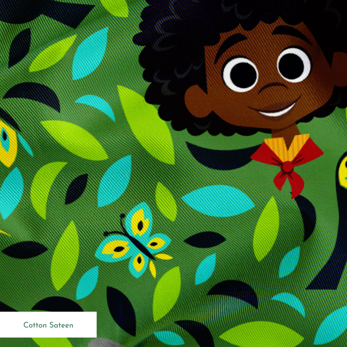 Colorful illustration with children, birds, butterflies, and animals among vibrant green foliage. springs sateen texture