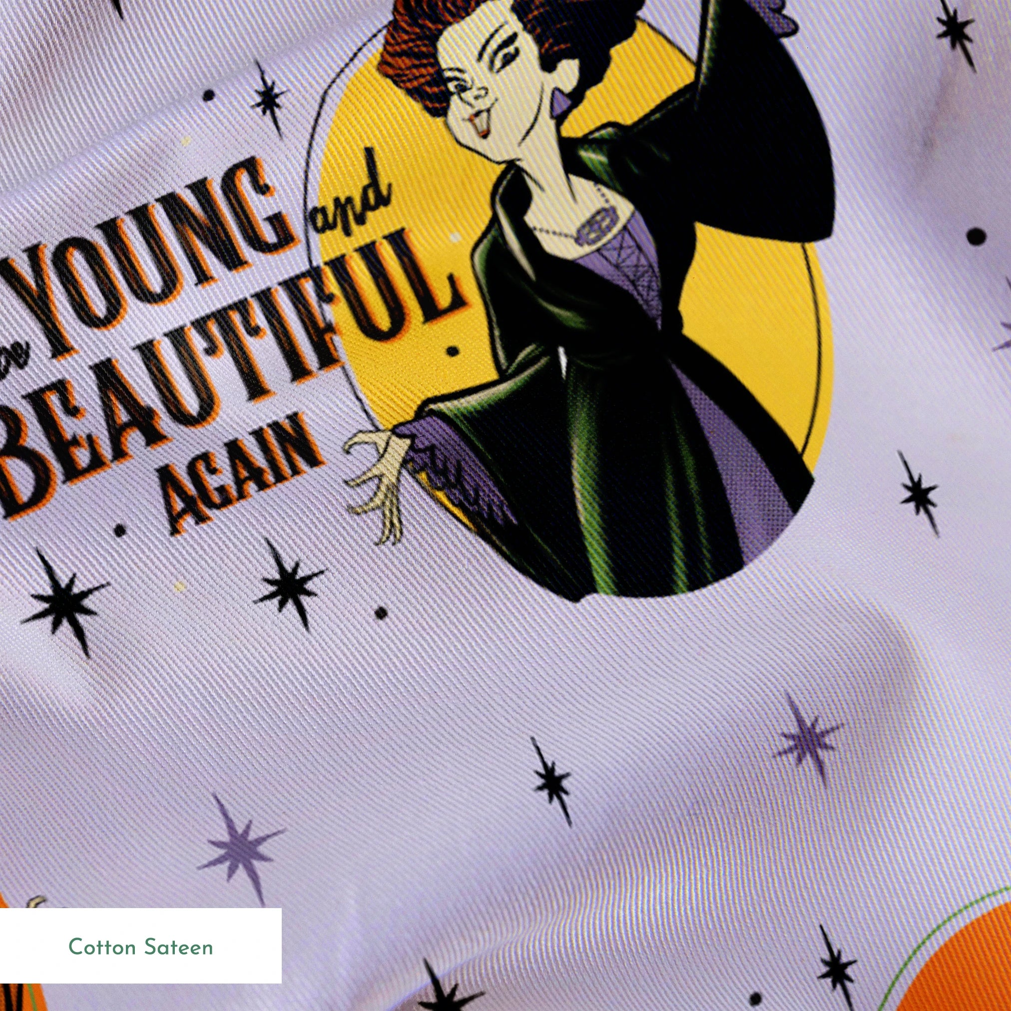 Disney villains pattern with circular portraits on purple starry background featuring animated characters and quote catchphrases springs sateen texture