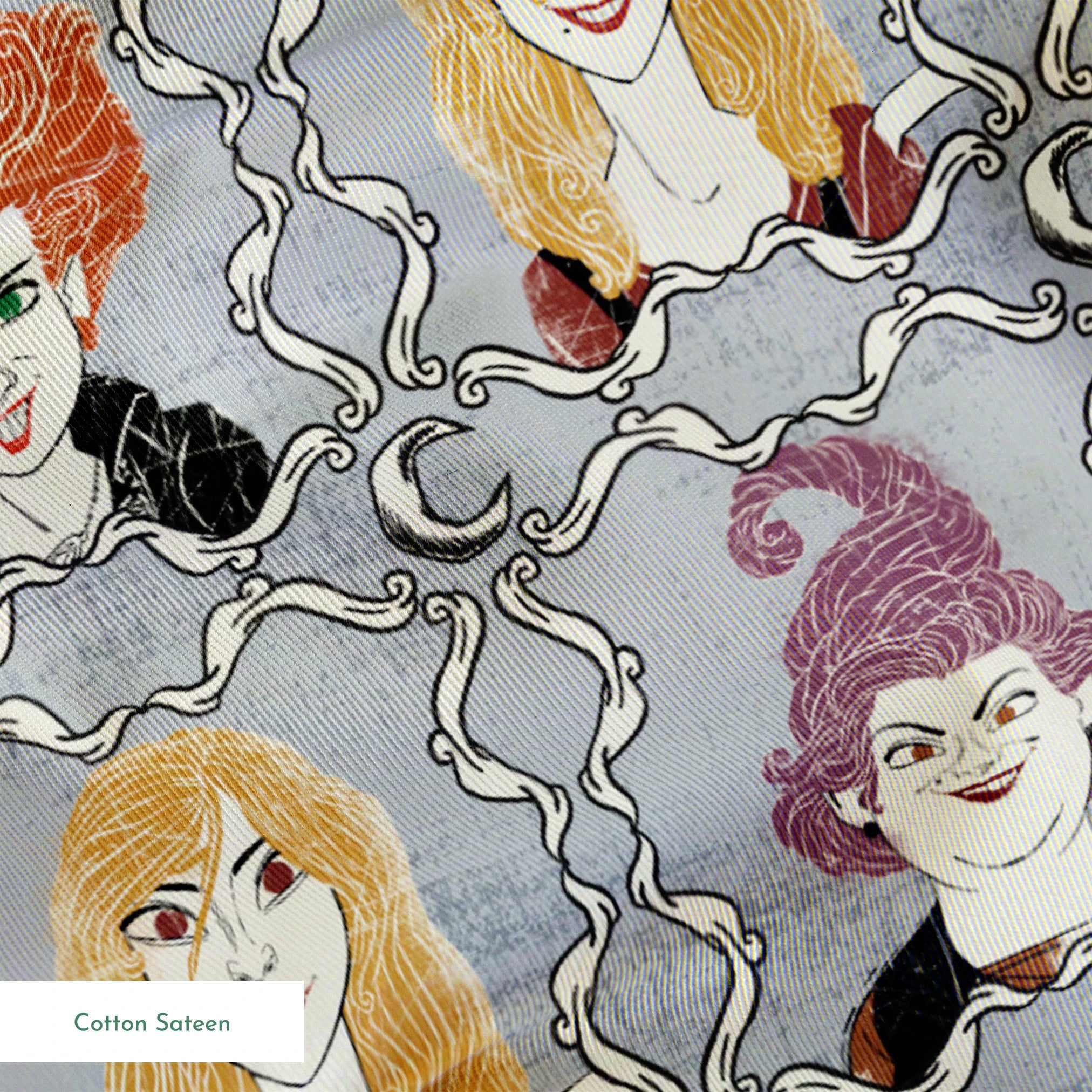 Illustrated portraits of fantasy characters with wild orange, blonde, and purple hair on gray patterned background springs sateen texture