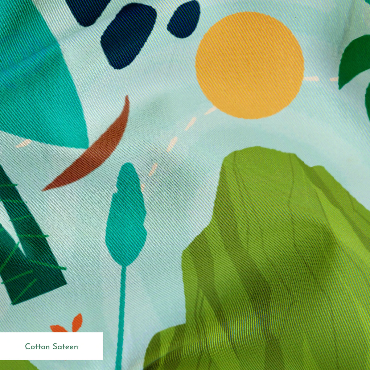 Tropical pattern with palm trees, mountains, sailboats and Polynesian-inspired motifs on mint green springs sateen texture