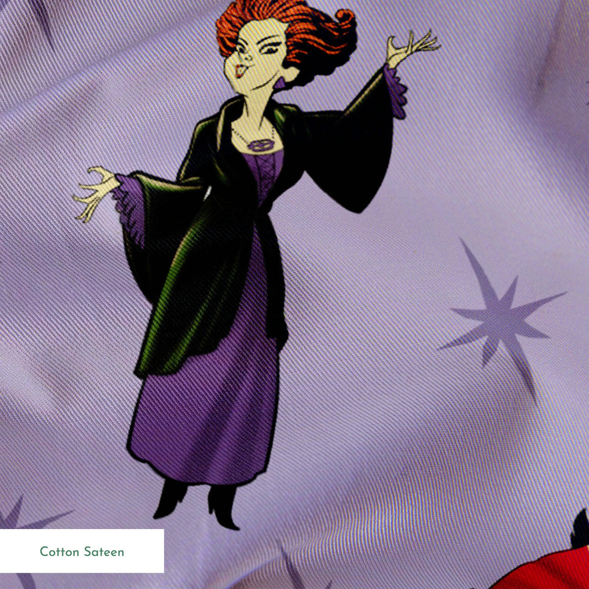 Purple background with cartoon characters in flowing capes and dresses with stars pattern, repeating decorative design springs sateen texture