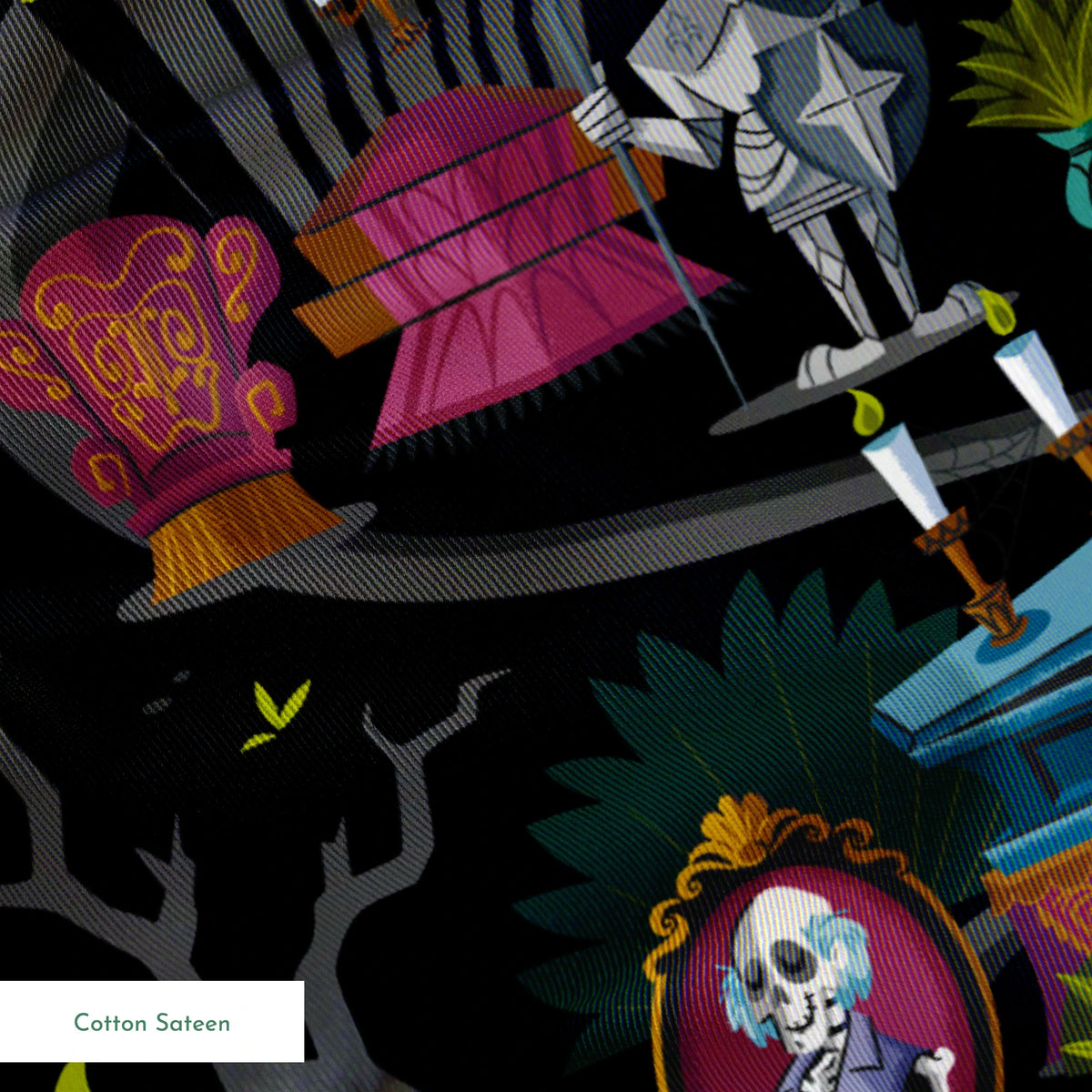 Dark background collage of colorful haunted house elements with ghosts, skeletons, potion bottles, and spooky characters in a whimsical pattern springs sateen texture
