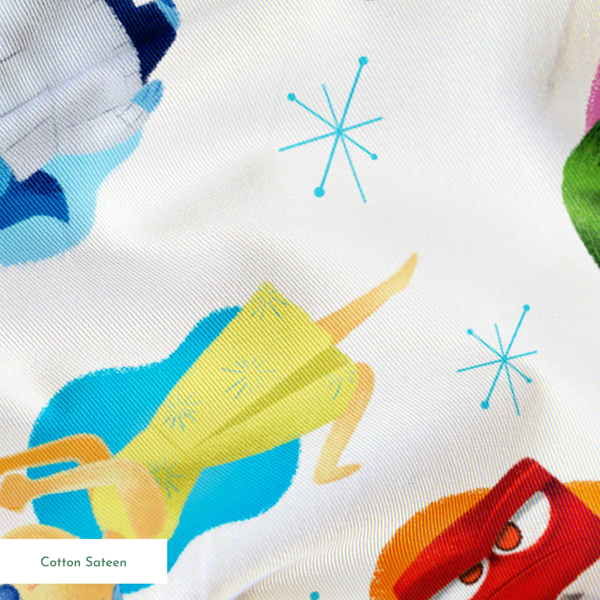 Colorful pattern of cartoon Inside Out characters with snowflake accents on white background springs sateen texture