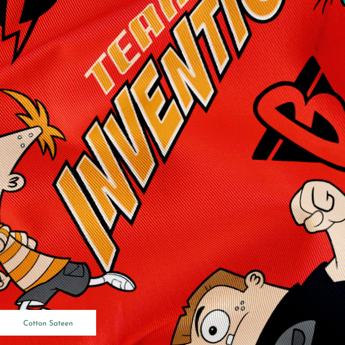 Red background pattern with Phineas and Ferb, text reading "Invention" and "McTheim", yellow starbursts, and comic-style design elements springs sateen texture