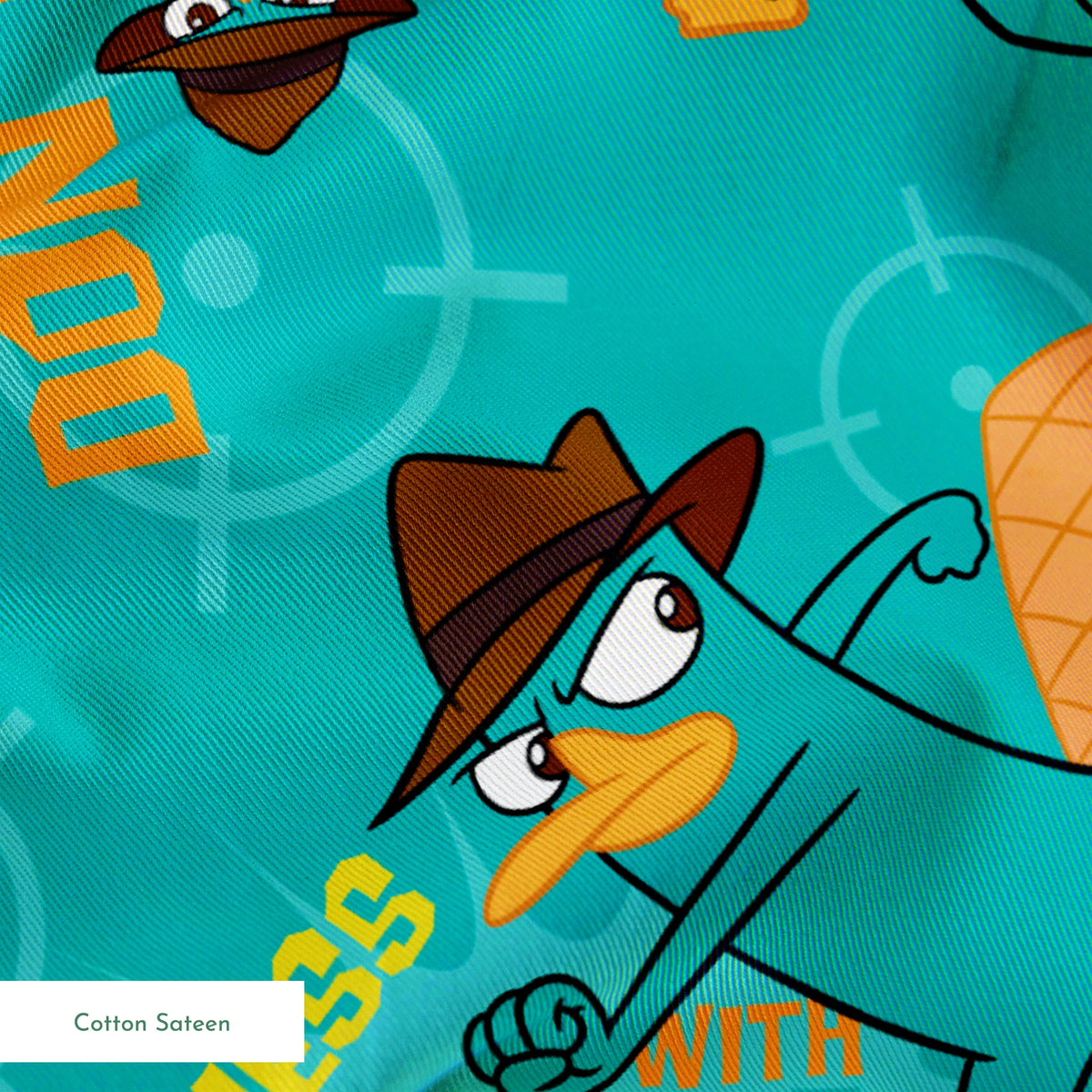 Cartoon pattern of platypus character in fedora hat with orange elements on teal background springs sateen texture