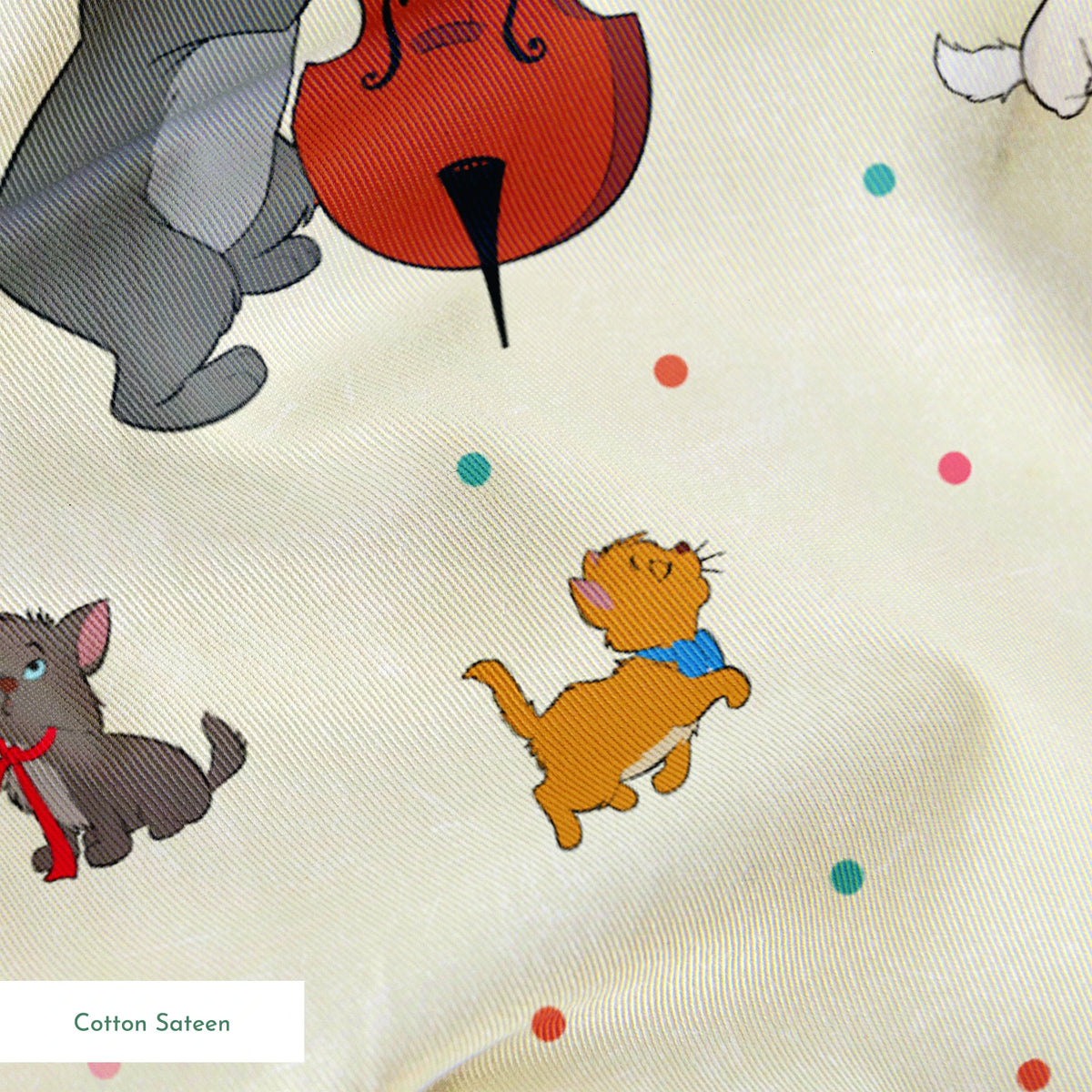 Musical cats and dogs pattern with animals playing instruments on cream background springs sateen texture