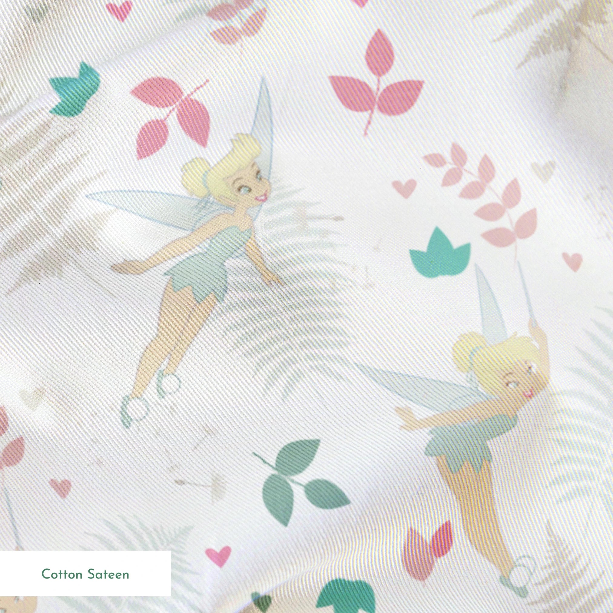 Whimsical pattern with Tinker Bell, white ferns, pink and teal foliage on light background springs sateen texture