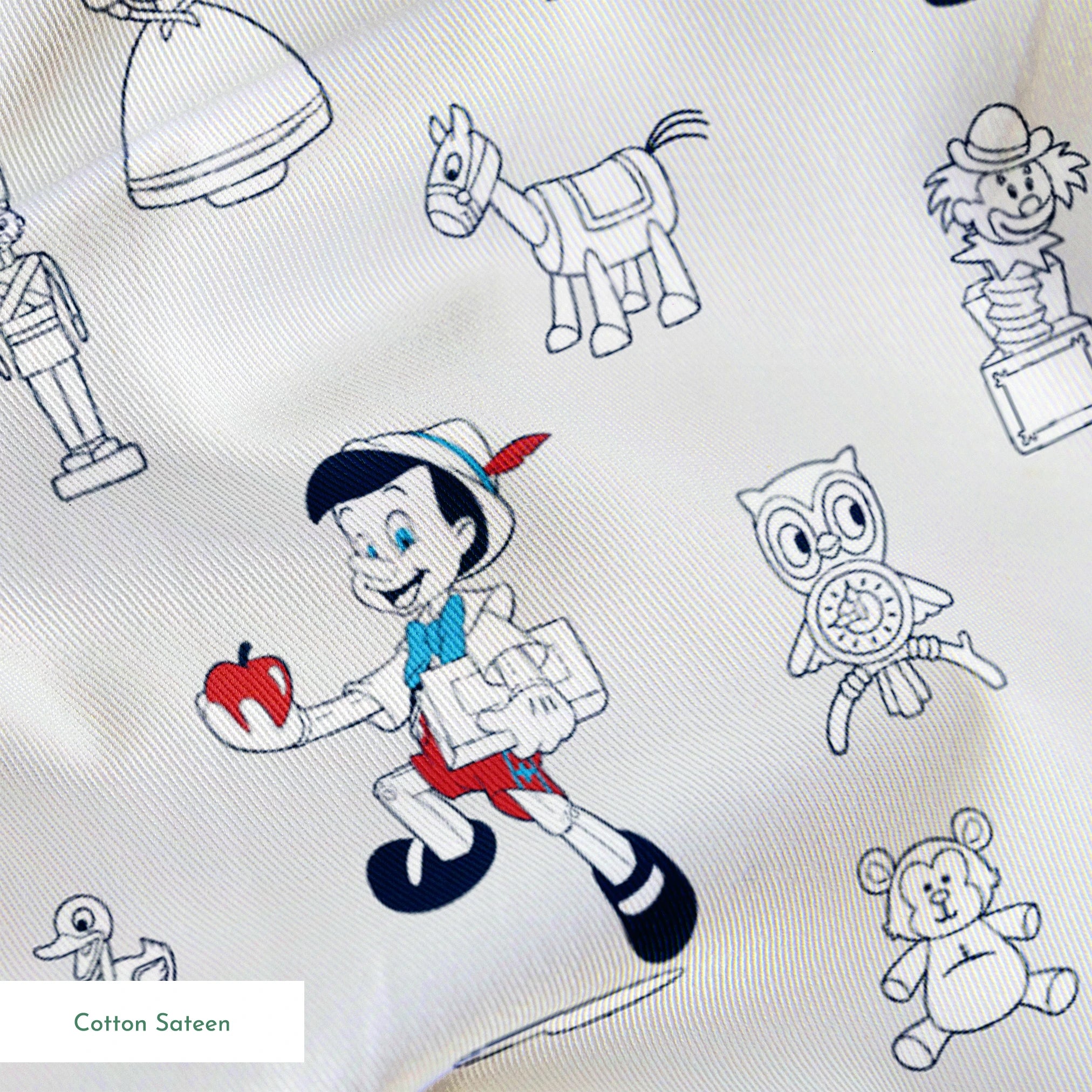 Pattern of vintage cartoon characters including Pinocchio and assorted animals on a light background with red and blue accents springs sateen texture