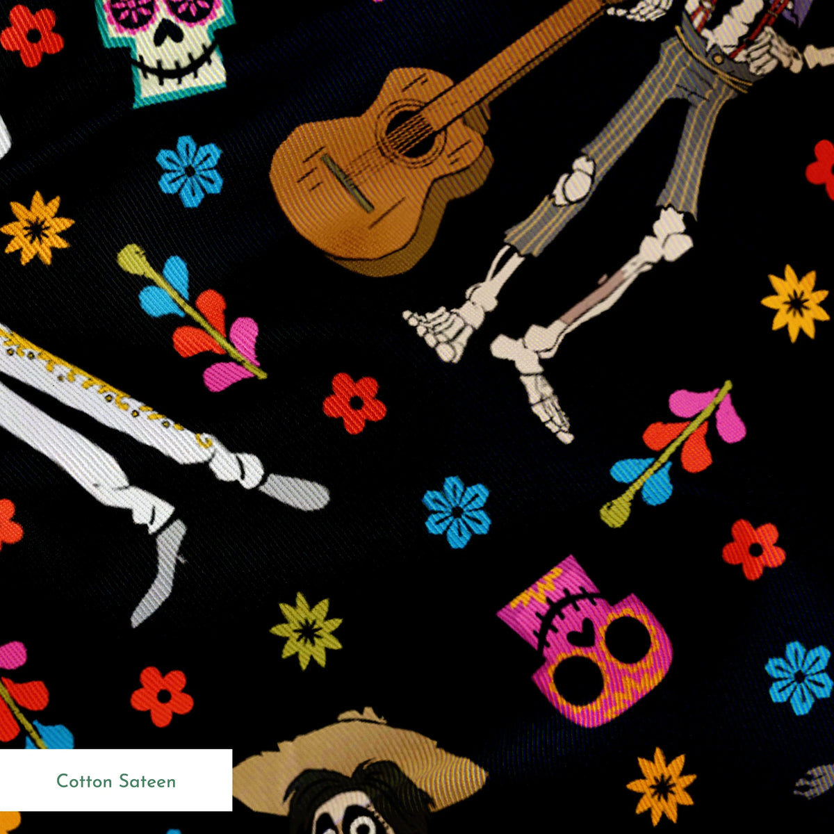 Colorful Coco Day of the Dead pattern with skeleton figures playing instruments, skulls, and flowers on black background springs sateen texture