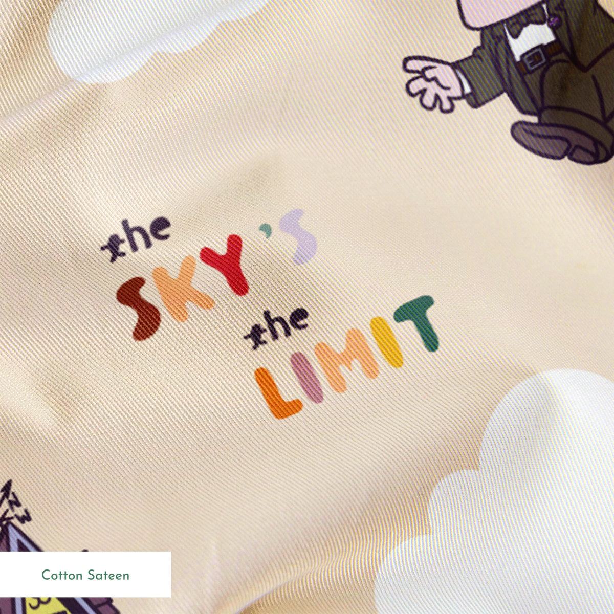 Pixar Up's characters floating with colorful balloons against beige sky with "sky's the limit" text springs sateen texture