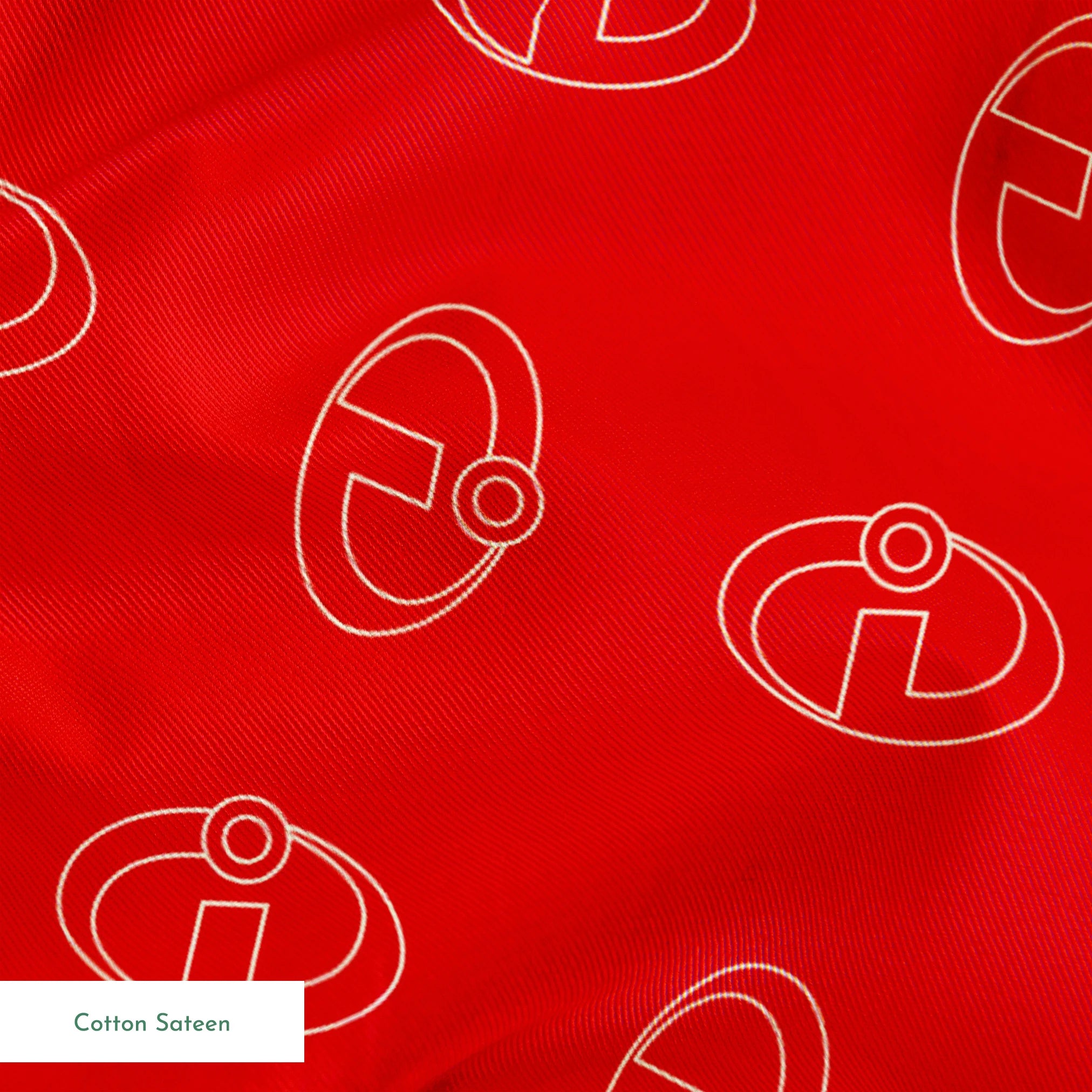 Red background with The Incredibles logos in a repeating pattern springs sateen texture