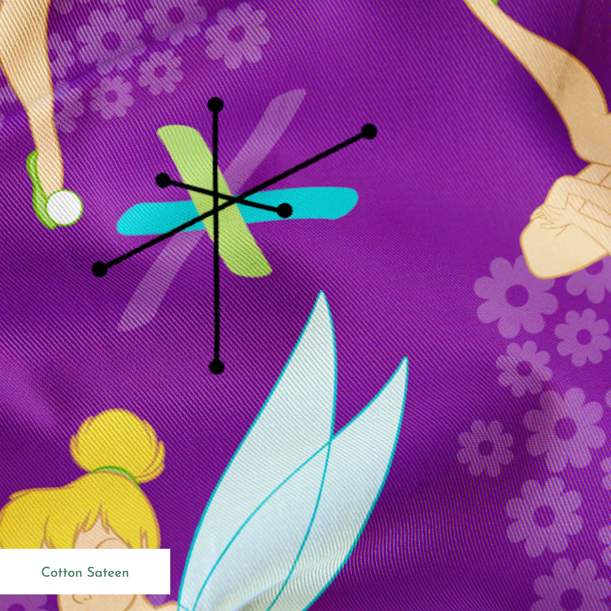 Repeating Tinker Bell pattern in green dresses on purple background springs sateen texture