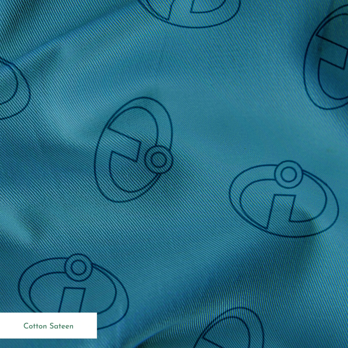 Abstract blue background with The Incredibles logos in repeating pattern springs sateen texture