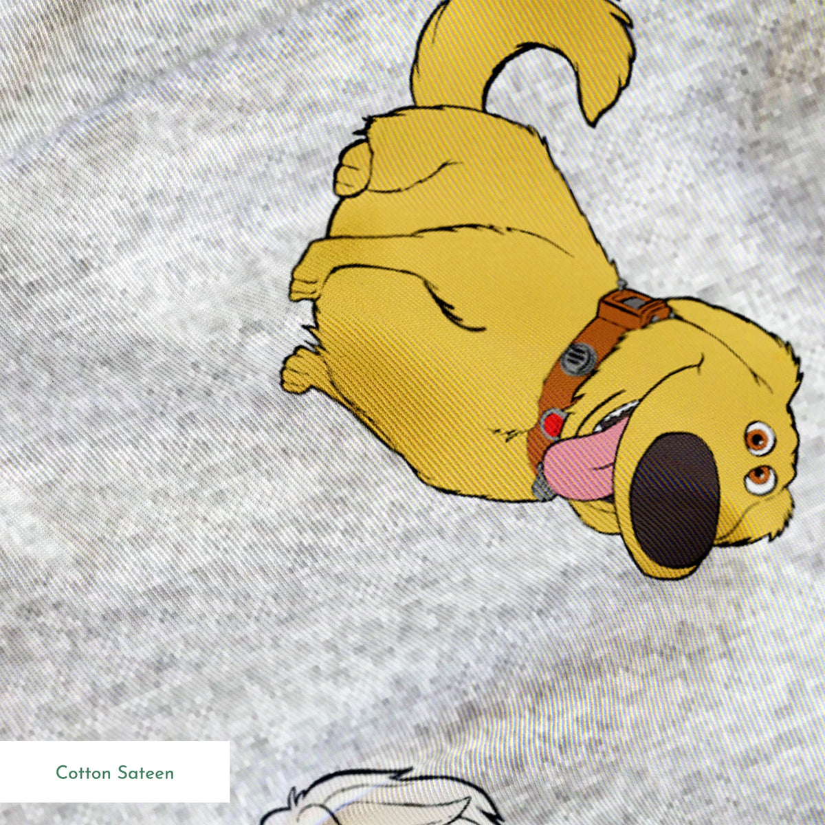 Cartoon characters from Disney's "Up" including Carl, Russell, and Dug on light gray background springs sateen texture