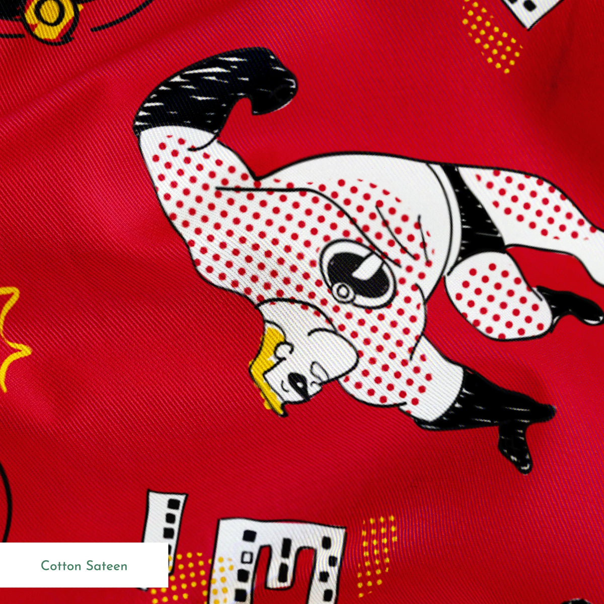 Red background pattern with The Incredibles, yellow stars, and comic book style graphic elements springs sateen texture