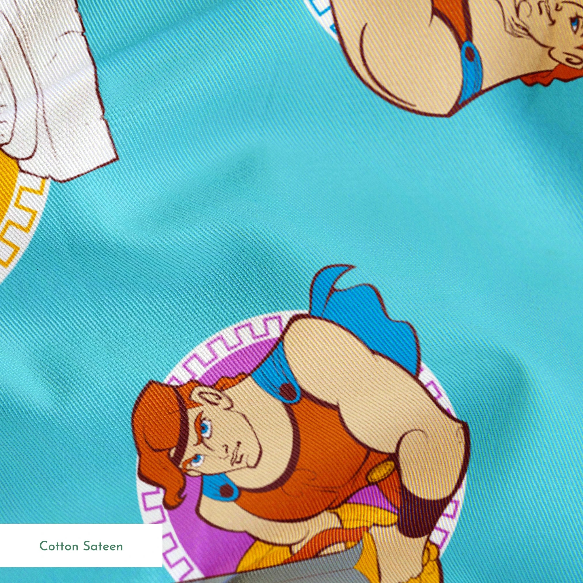 Cartoon characters from Hercules arranged in circular patterns on light blue background springs sateen texture