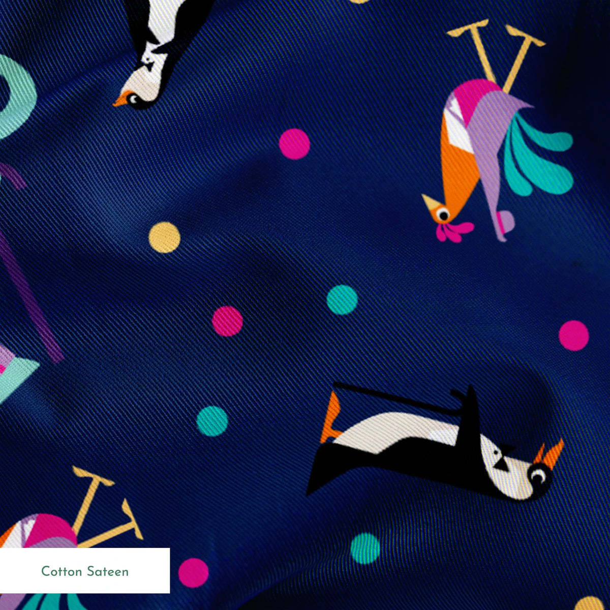 Colorful Mary Poppins pattern of whimsical animals including foxes and birds on a dark blue background with polka dots springs sateen texture