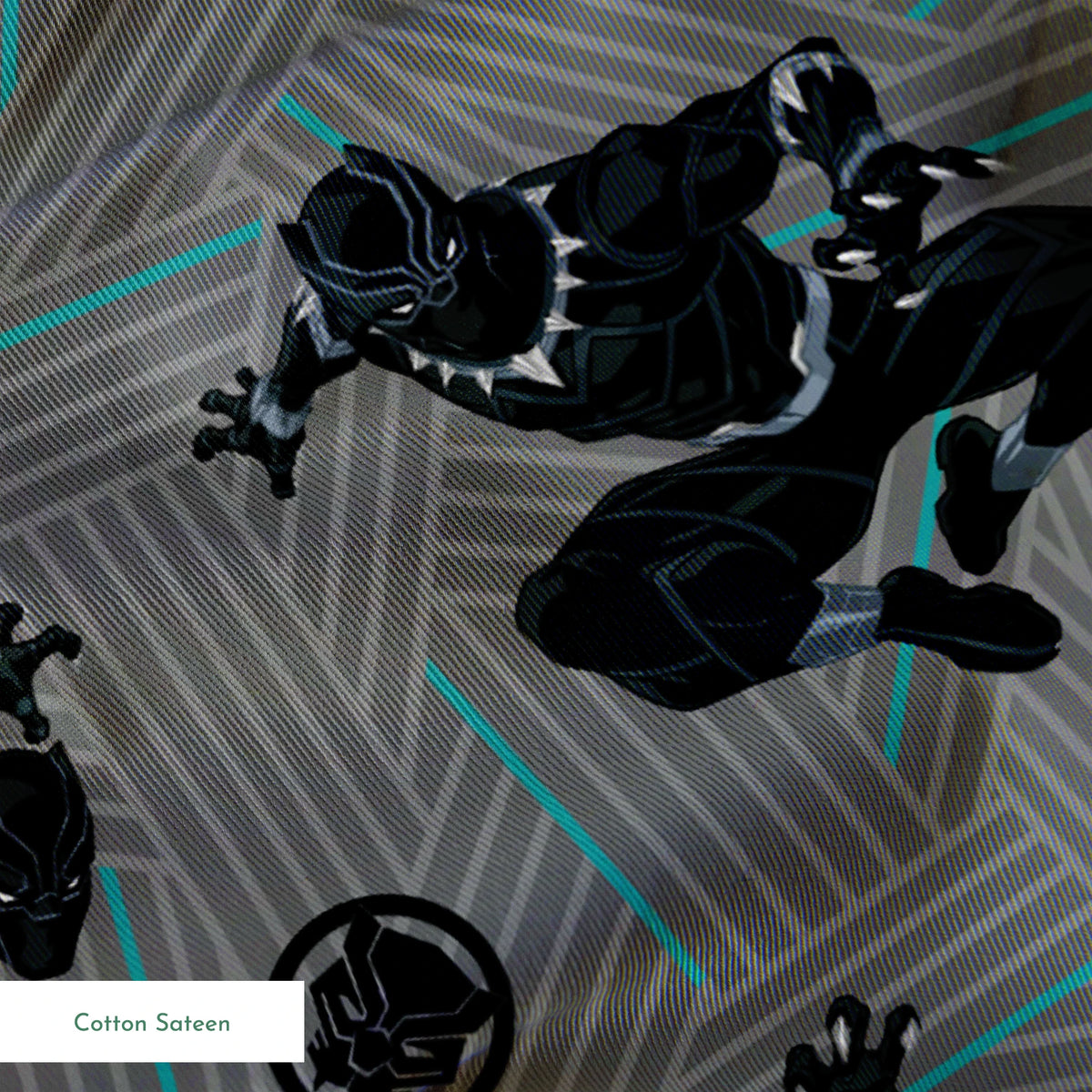 Black superhero figure in dynamic poses against gray geometric background with teal accents and circular emblems springs sateen texture