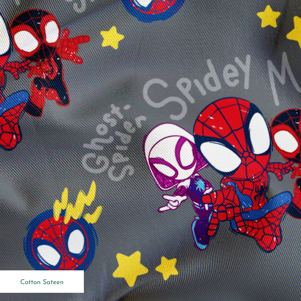 Cartoon Spider-Man characters pattern with stylized spider heroes and yellow stars on gray background springs sateen texture