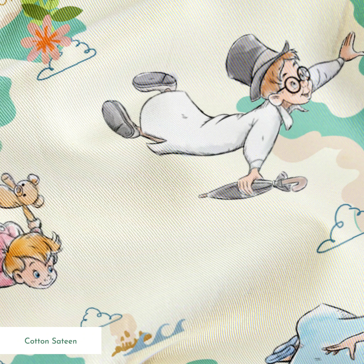 This is a whimsical Peter Pan themed pattern featuring characters flying through a turquoise sky with geometric mountains and text bubbles showing "Mermaid Cove" locations. springs sateen texture